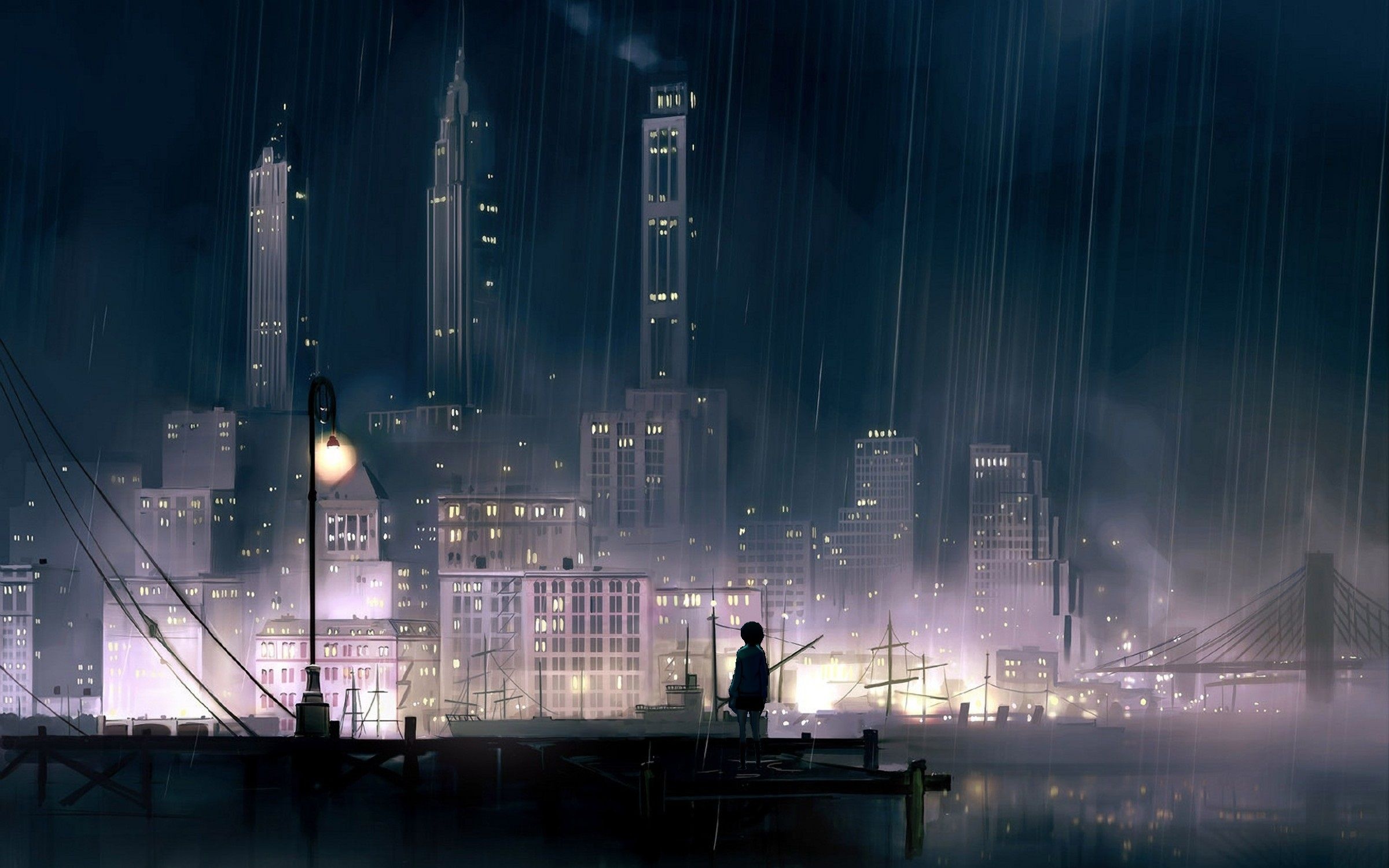 solitary figure on dock, rainy illuminated cityscape, glowing street lamp, HD Desktop wallpaper