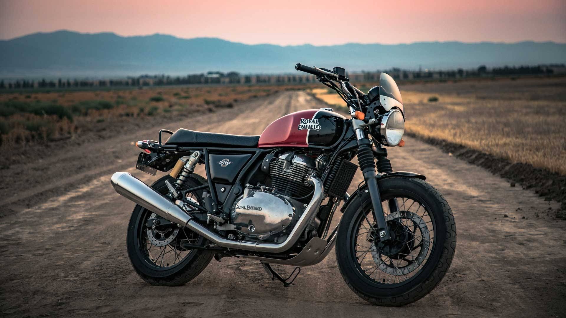 Royal Enfield Interceptor 650, Dirt track country landscape, Dusk mountain backdrop, Full HD Desktop wallpaper