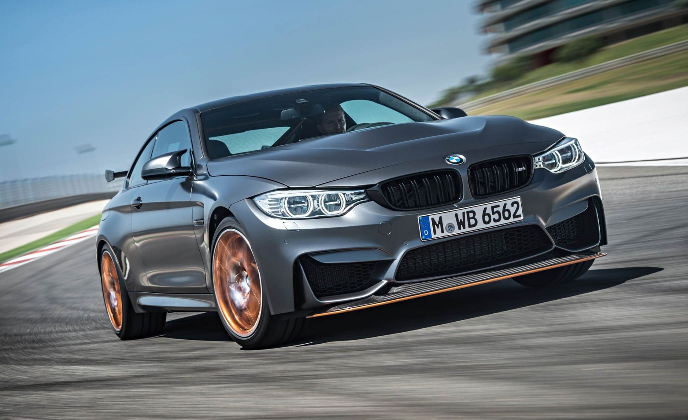 BMW M4 GTS, Acid Orange front splitter, Racetrack motion blur, HD Desktop wallpaper