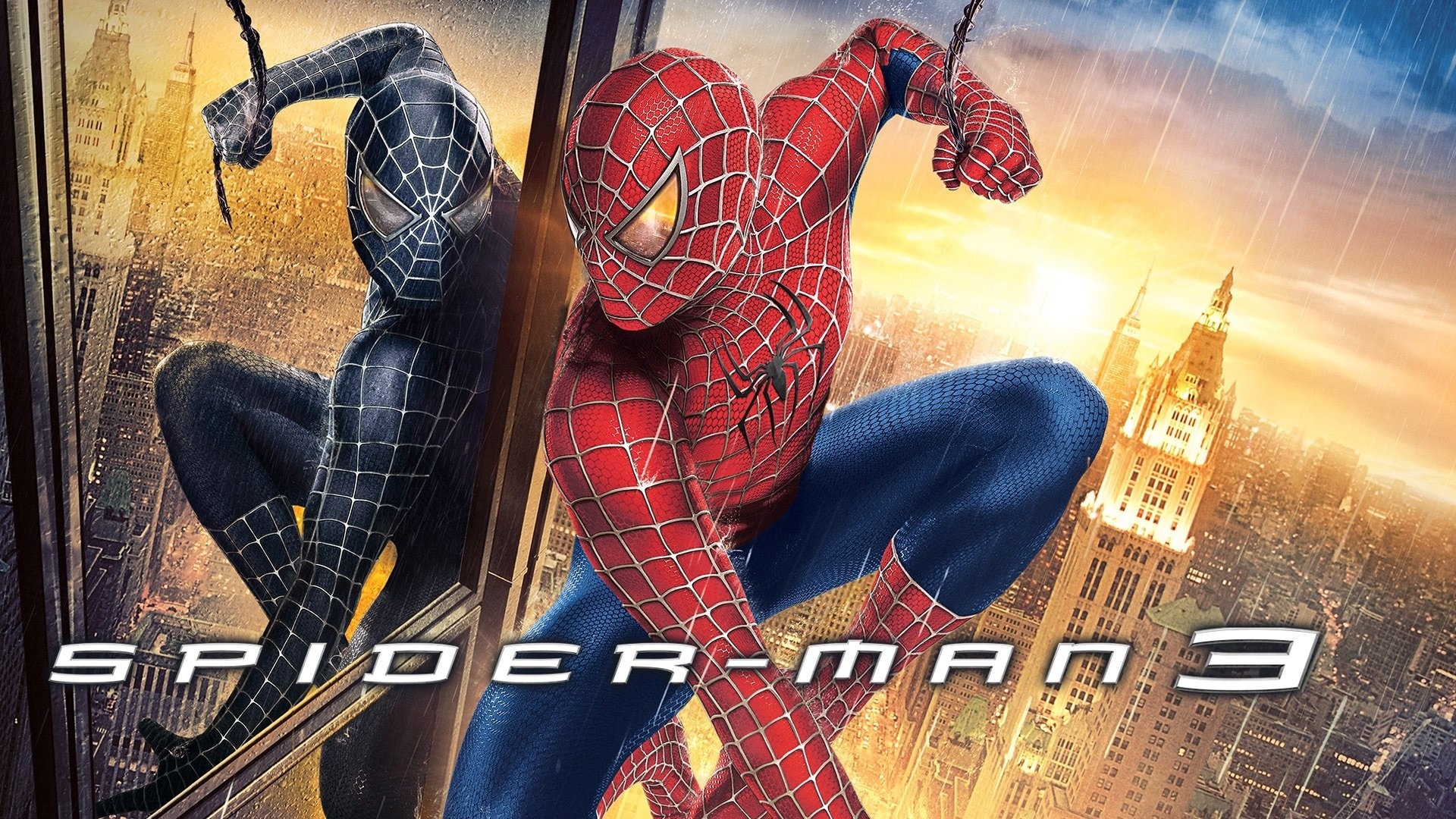 Symbiote Black Suit Spider-Man, Classic Spider-Man suit, Spider-Man 3 title text, New York City skyscraper skyline, Full HD Desktop wallpaper