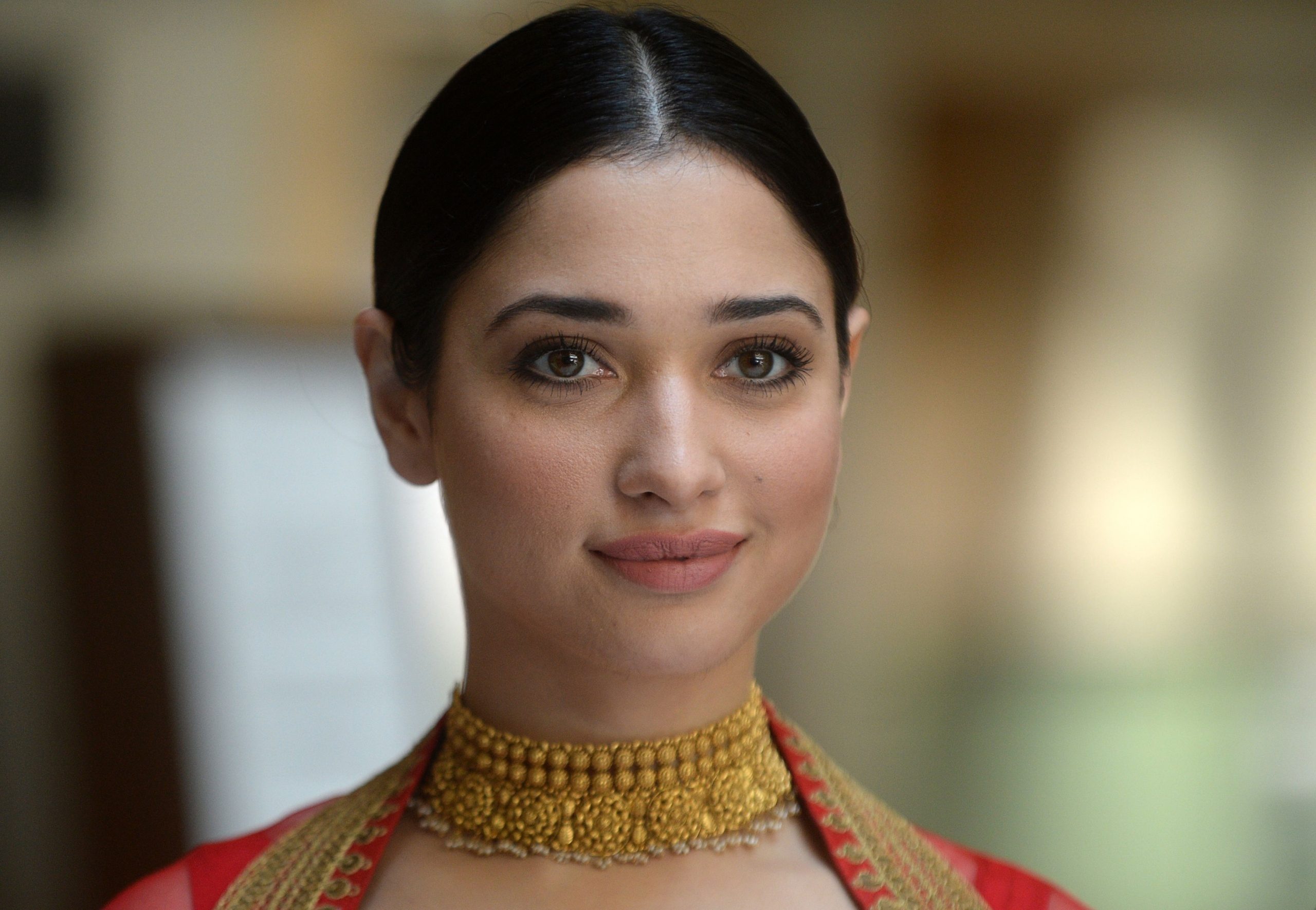 Tamannaah Bhatia, Gold choker necklace, Red embroidered ethnic wear, HD Desktop wallpaper