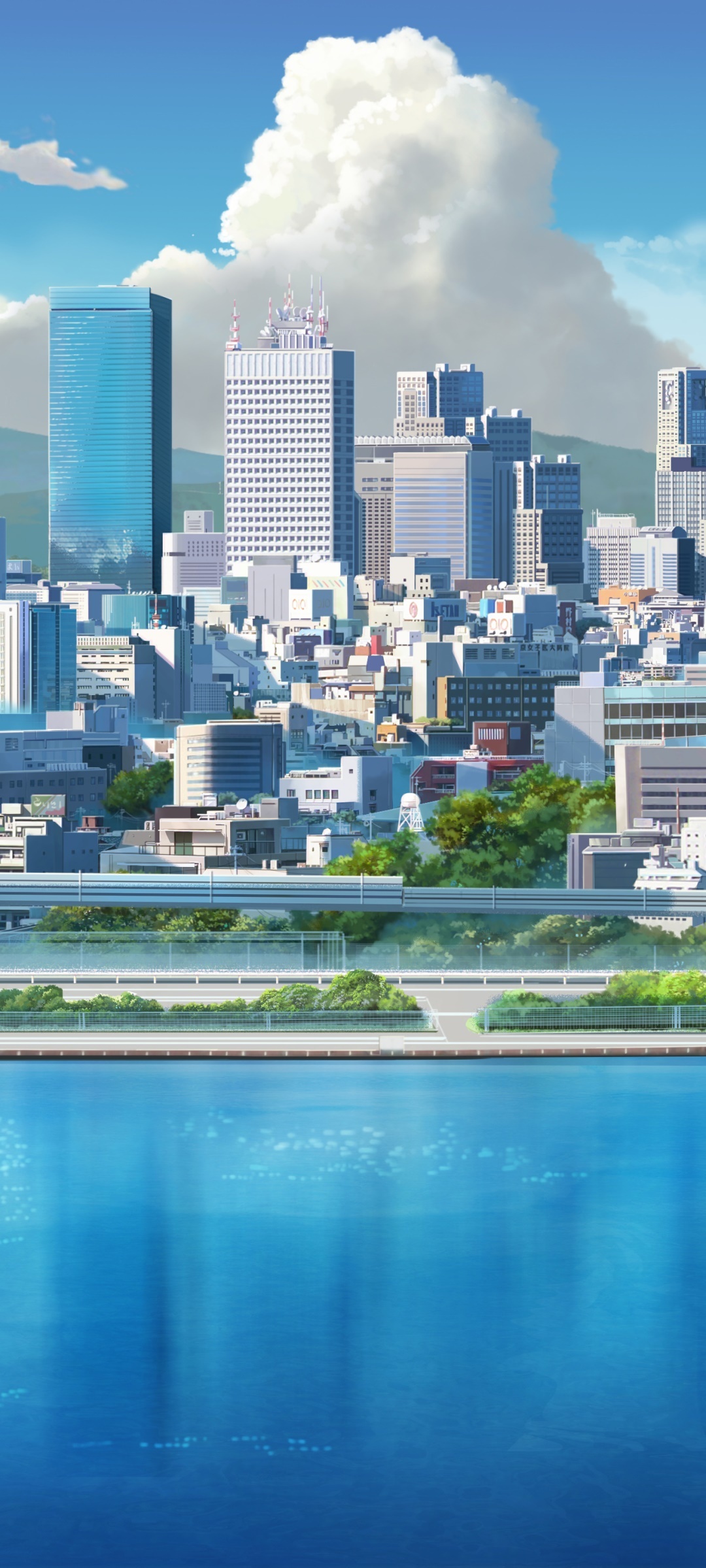 Tokyo anime skyline, towering cumulonimbus cloud, waterfront city embankment, HD Phone wallpaper