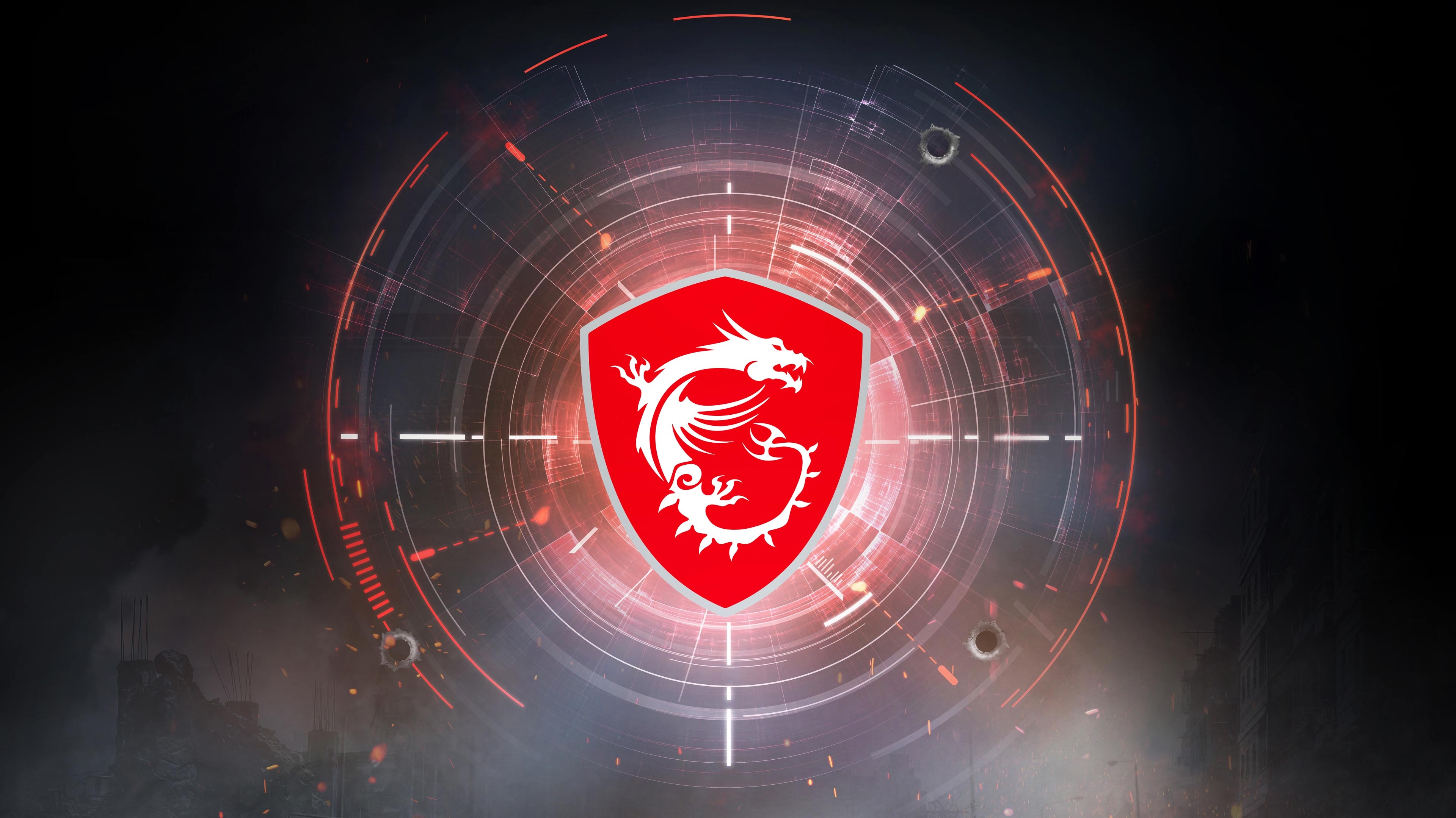 MSI Gaming dragon logo, digital HUD reticle overlay, smoky battlefield ruins, 4K Desktop wallpaper