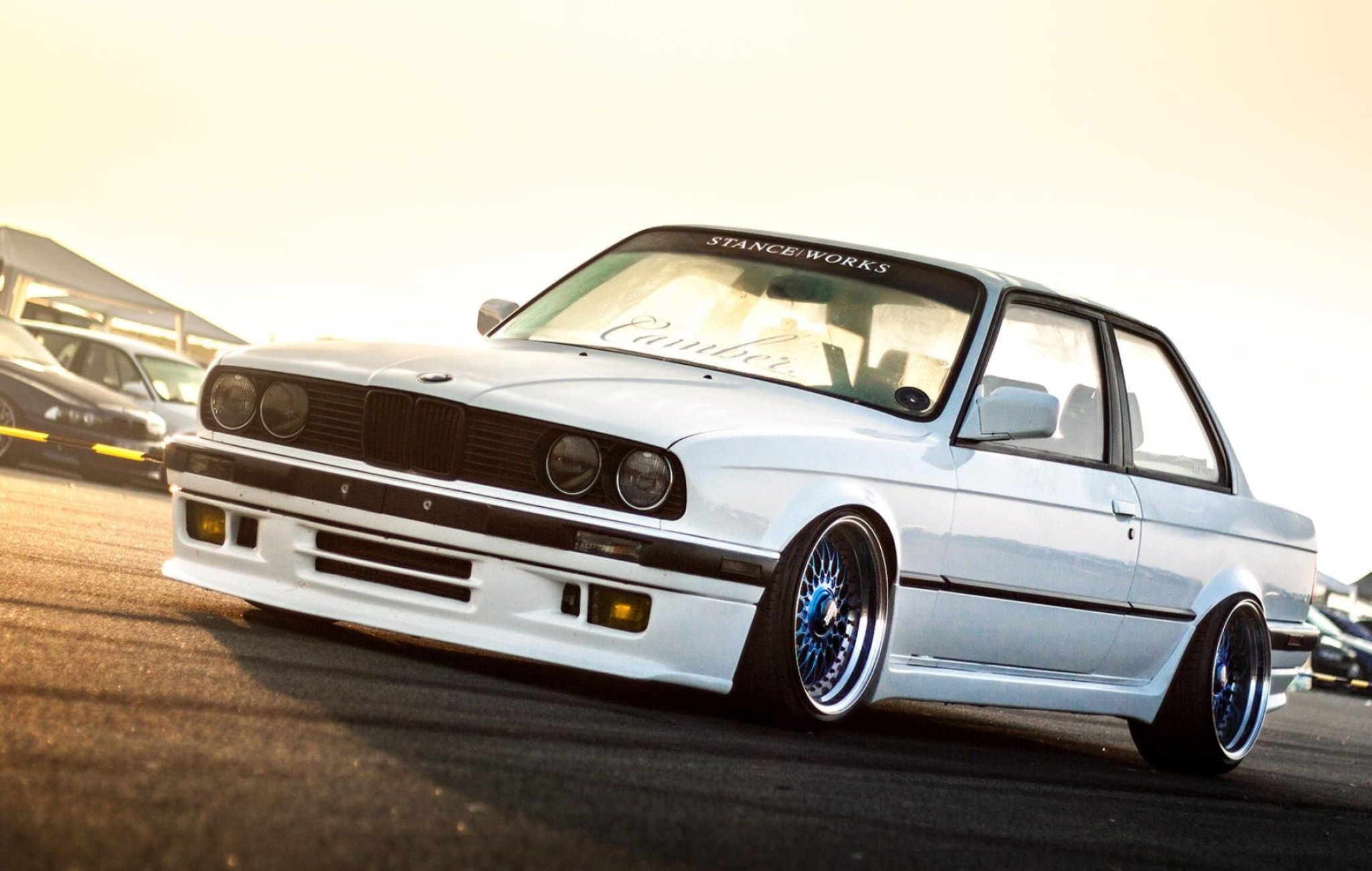 white BMW E30 coupe, STANCE WORKS windshield banner, blue deep dish wheels, HD Desktop wallpaper