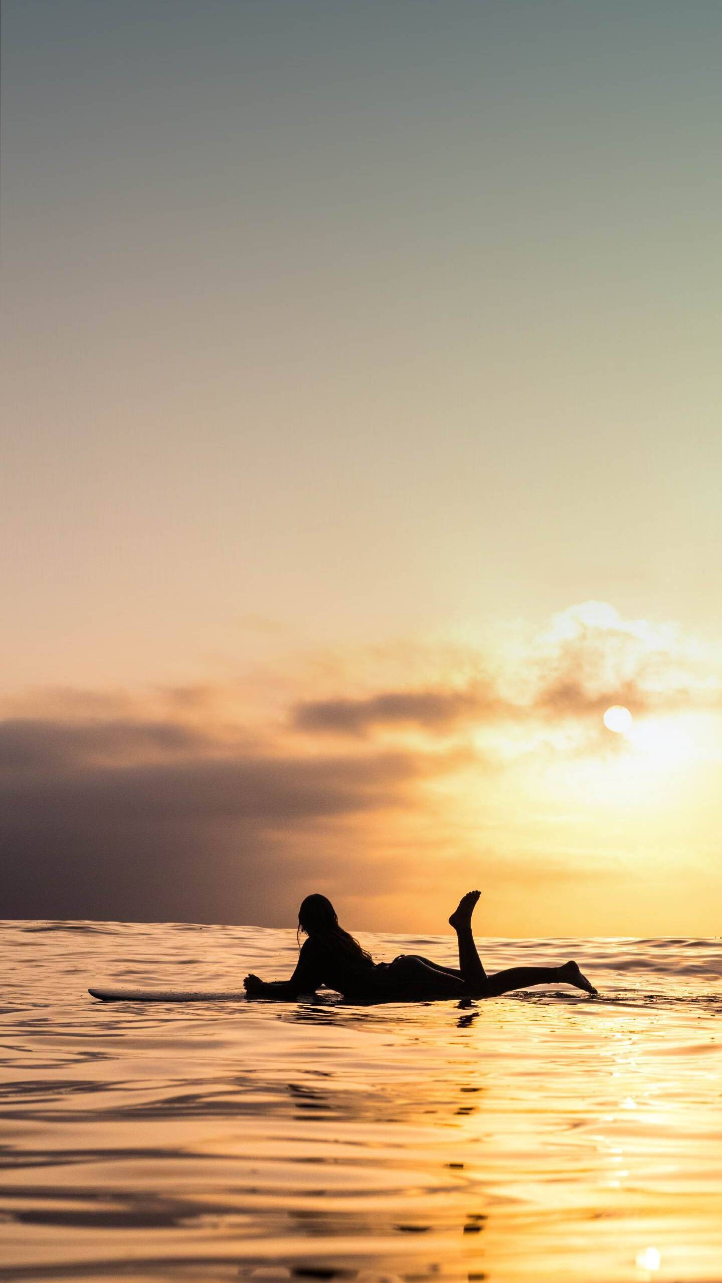 Girl Surfing, Sunset Ocean, iPhone Wallpaper, 1440x2560 HD Phone