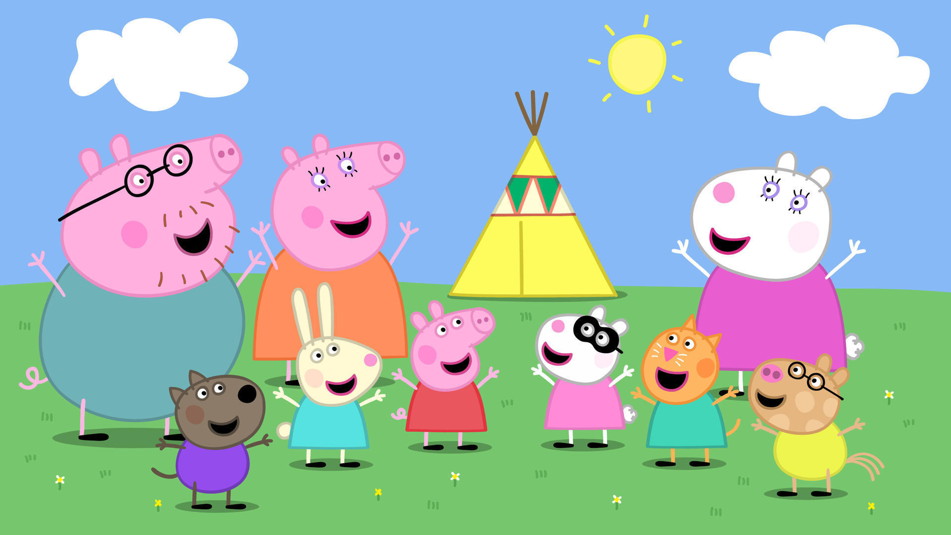Peppa Pig, Daddy Pig, Mummy Pig, Rebecca Rabbit, Yellow teepee tent, Full HD Desktop wallpaper