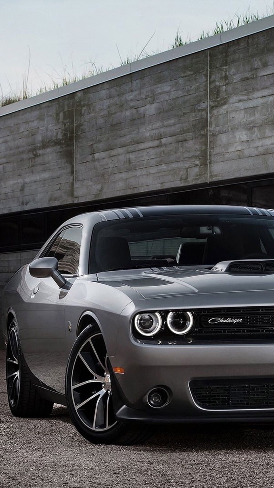 silver Dodge Challenger, Challenger grille badge, concrete building facade, Full HD Phone wallpaper