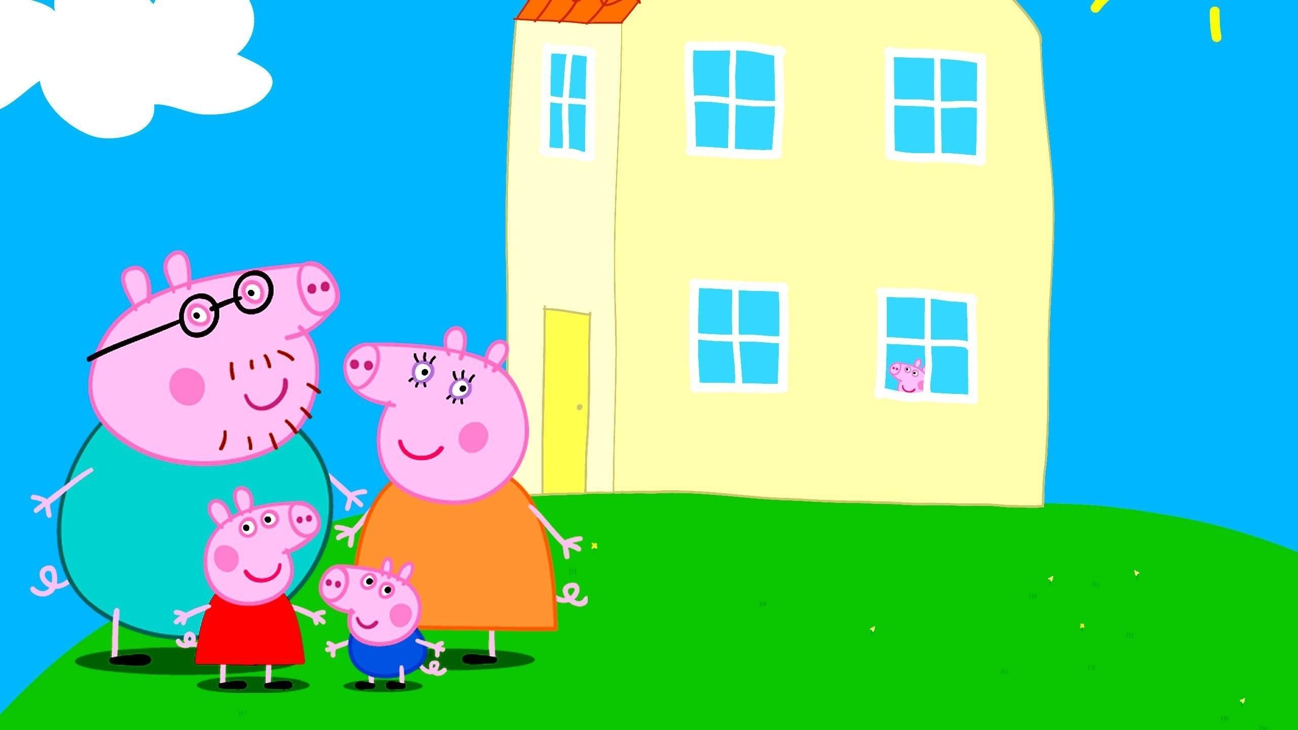Peppa Pig and George Pig, Daddy Pig and Mummy Pig, Peppa Pig's yellow house, Green grassy hilltop, HD Desktop wallpaper