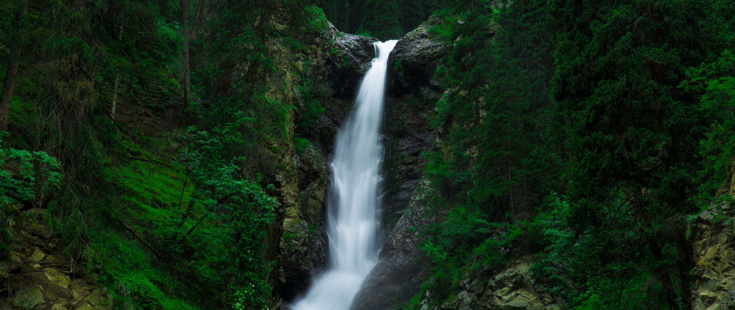 Green Forest, Waterfall, Nature, Wallpaper, 2560x1080 Dual Screen Desktop