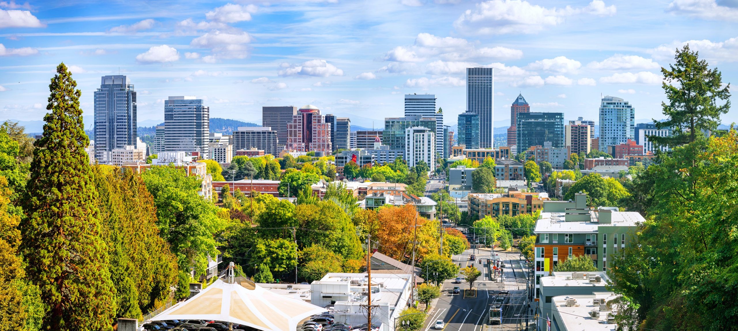 Portland Oregon skyline, Downtown scenery, Iconic Mount Hood, Fall day, 2560x1150 Dual Screen Desktop