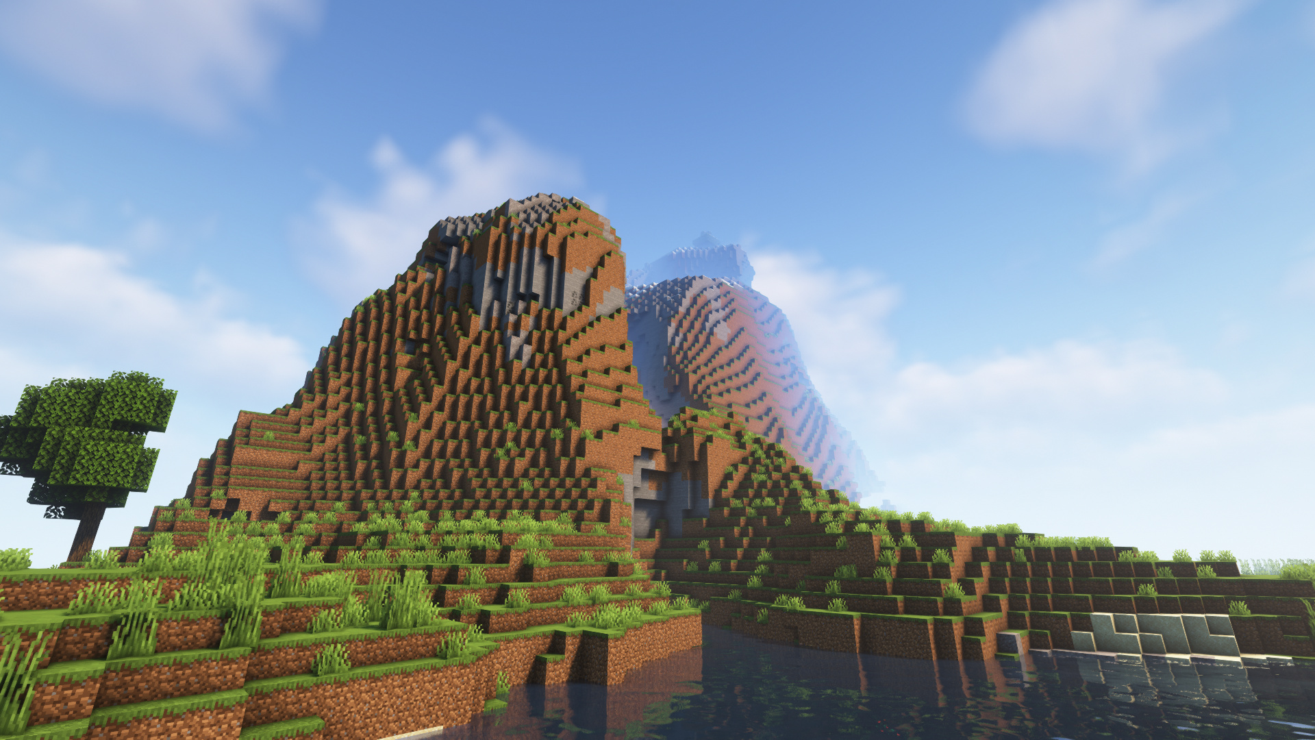 Minecraft mountain biome, realistic water shader, Minecraft oak tree, Full HD Desktop wallpaper