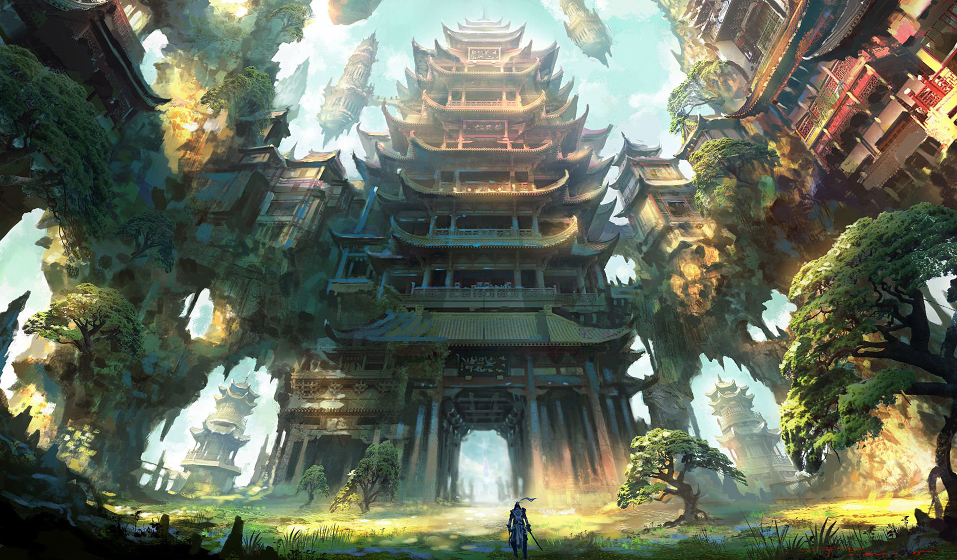 multi-tiered Chinese pagoda palace, lone wandering swordsman, floating celestial islands, HD Desktop wallpaper