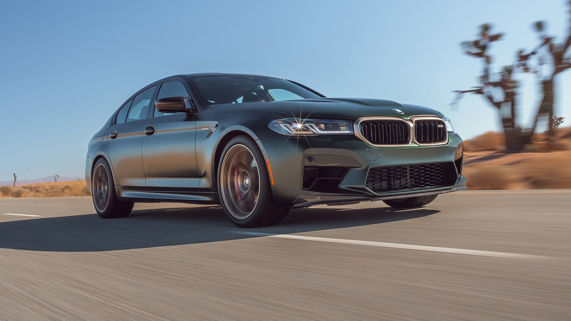 BMW M5 CS, desert highway rolling shot, Frozen Deep Green Metallic, Full HD Desktop wallpaper