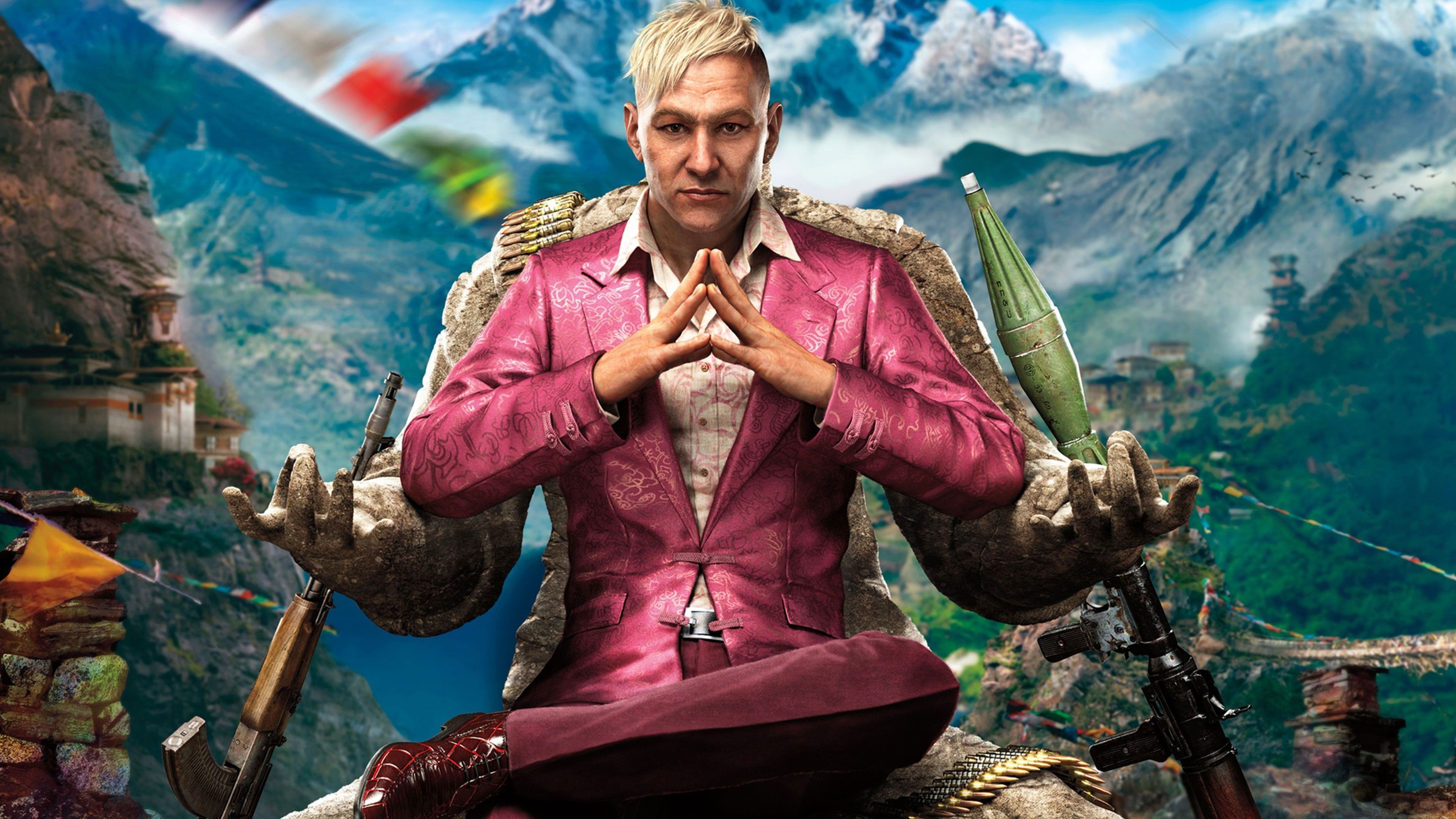 Pagan Min in magenta suit, Kyrat mountain landscape, AK-47 and RPG-7 weapons, 4K Desktop wallpaper