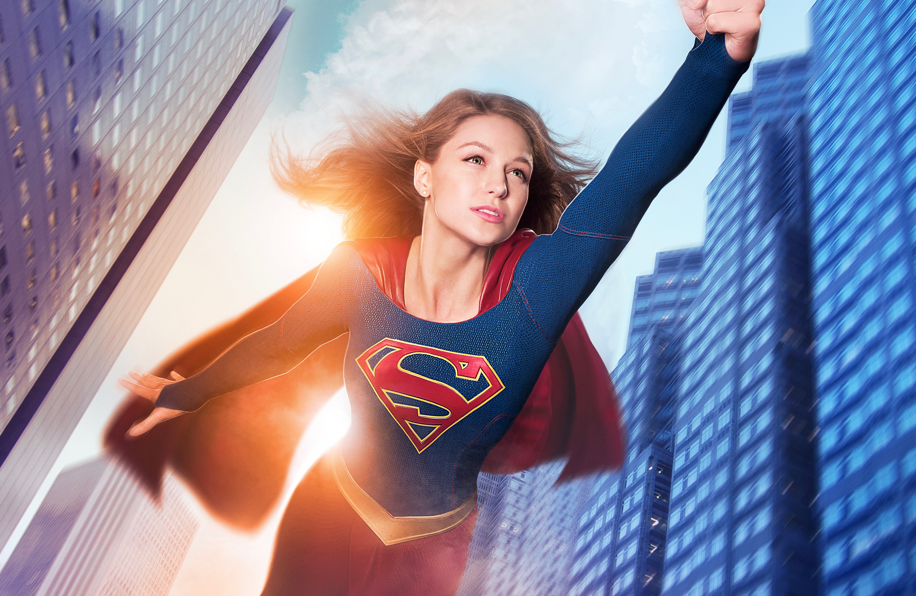 Melissa Benoist as Supergirl, House of El emblem, National City skyscrapers, HD Desktop wallpaper