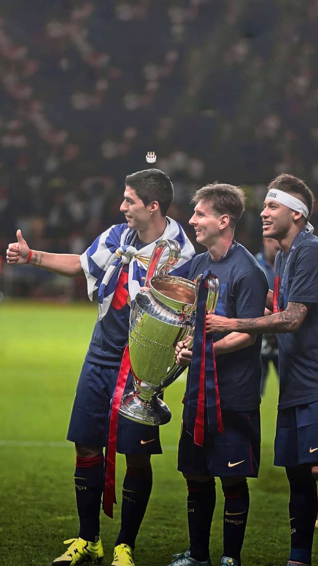 Lionel Messi, Neymar Jr, Luis Suarez, UEFA Champions League trophy, Full HD Phone wallpaper