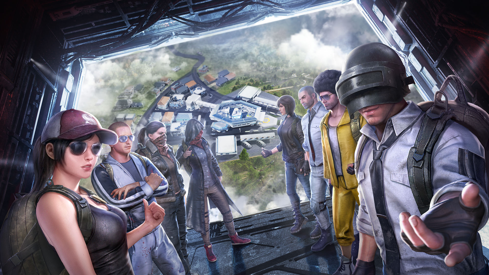 PUBG Level 3 Helmet, PUBG Mobile squad, Cargo aircraft open ramp, Aerial battle royale island, Full HD Desktop wallpaper