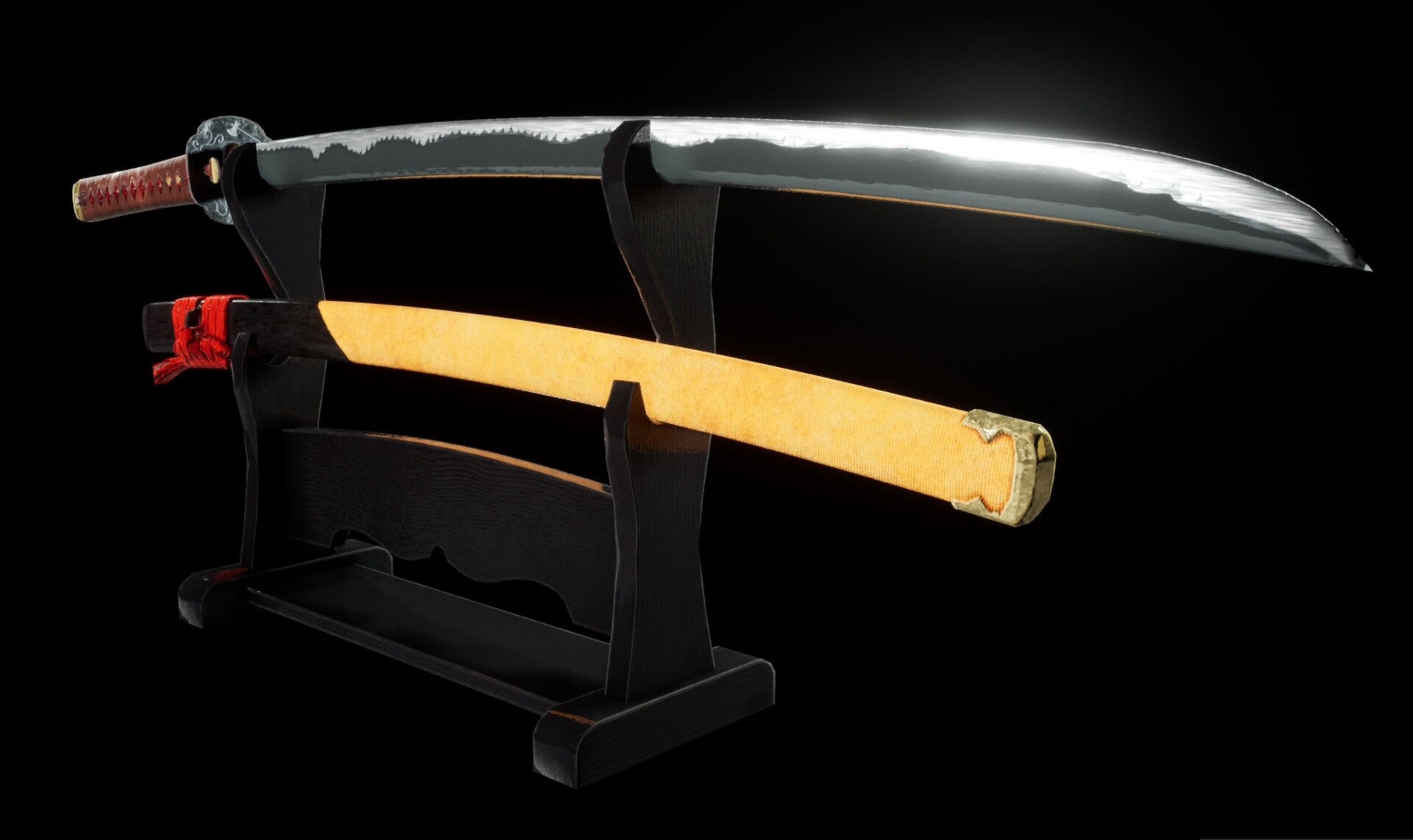Japanese katana sword, Yellow katana saya, Black wooden sword stand, HD Desktop wallpaper