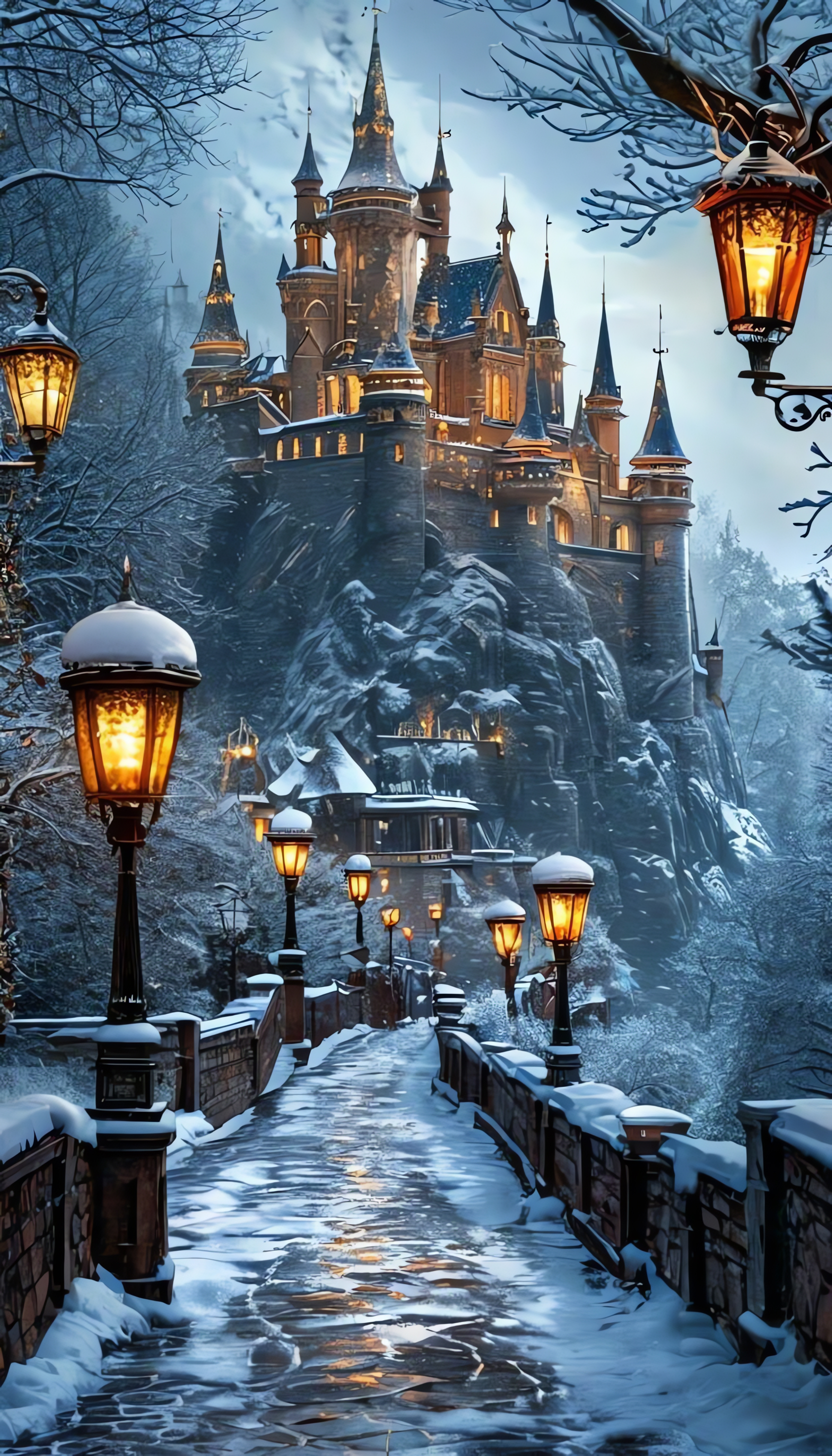 Street Lights, Winter Time, Snowy Street, Cobbled Road, Castle Mobile Wallpaper