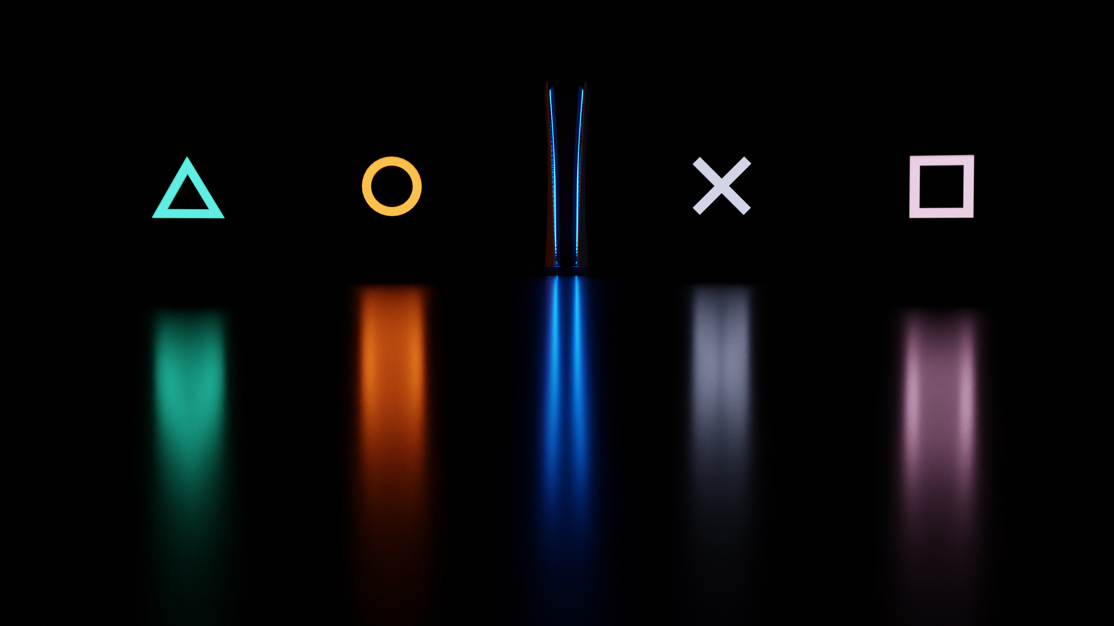 PlayStation face button symbols, PlayStation 5 console silhouette, Coloured neon light columns, 4K Desktop wallpaper