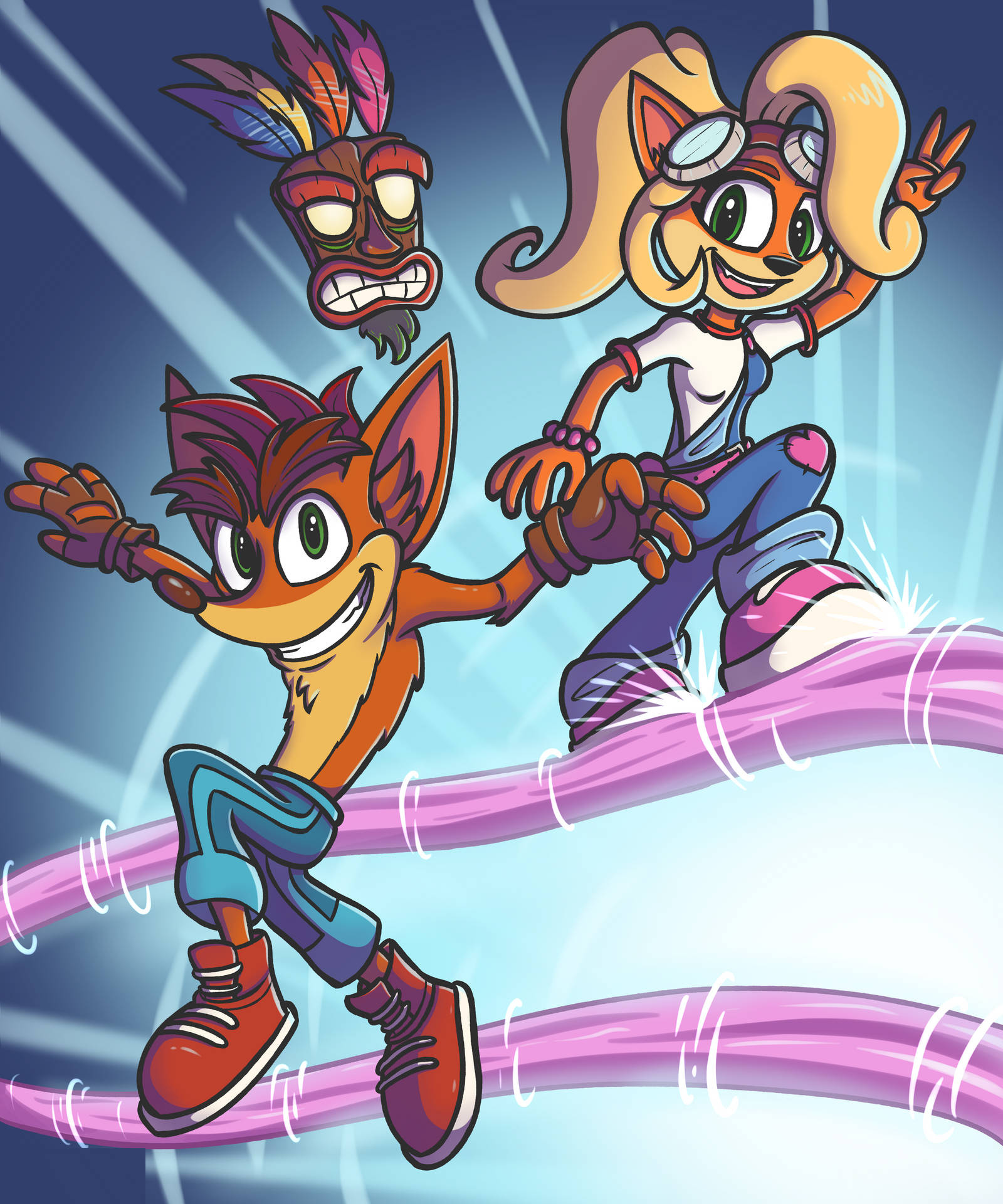 Crash Bandicoot, Coco Bandicoot, Aku Aku mask, Pink rail grinding beam, HD Phone wallpaper