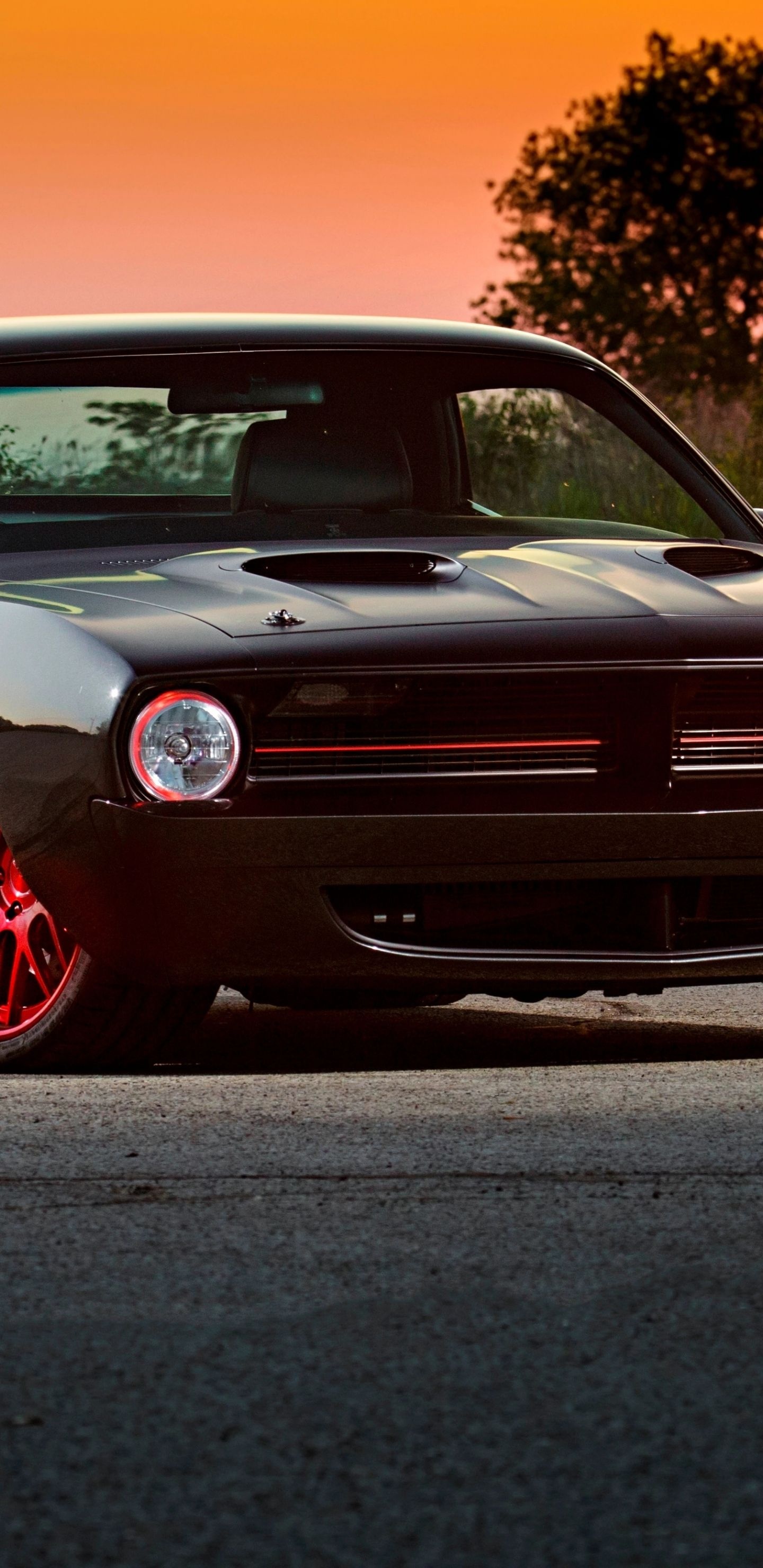 1970 Plymouth Cuda, halo headlights, sunset sky, HD Phone wallpaper