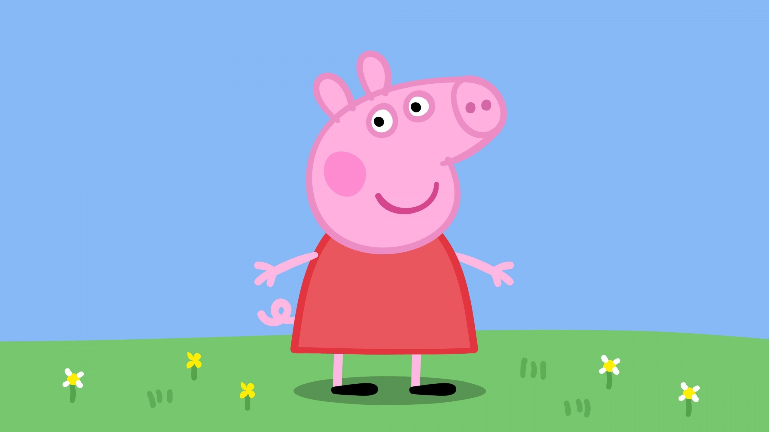 Peppa Pig, Grassy meadow with flowers, Blue sky, HD Desktop wallpaper