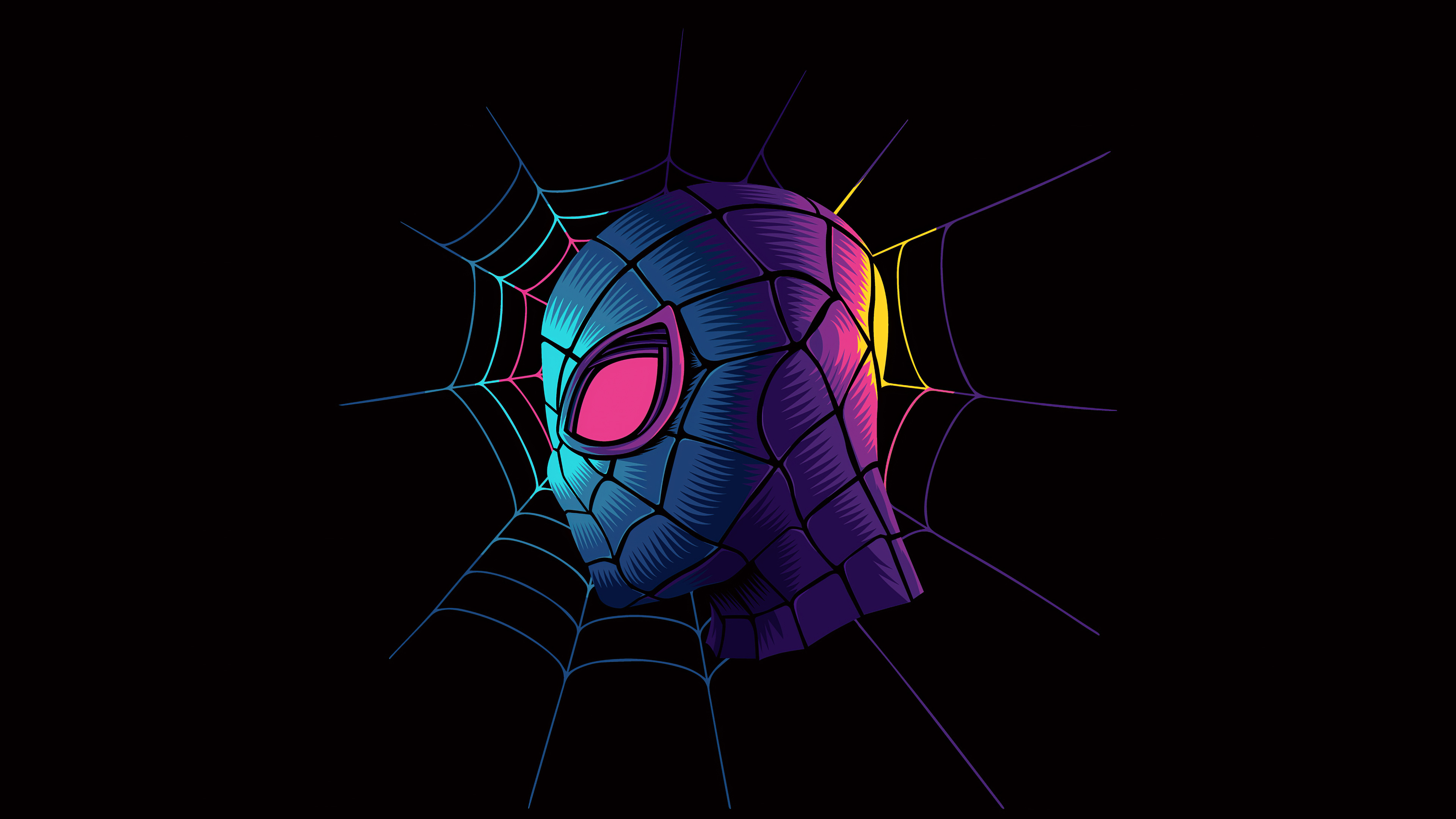 Spider-Man mask profile, neon spider web, synthwave gradient lighting, 4K Desktop wallpaper