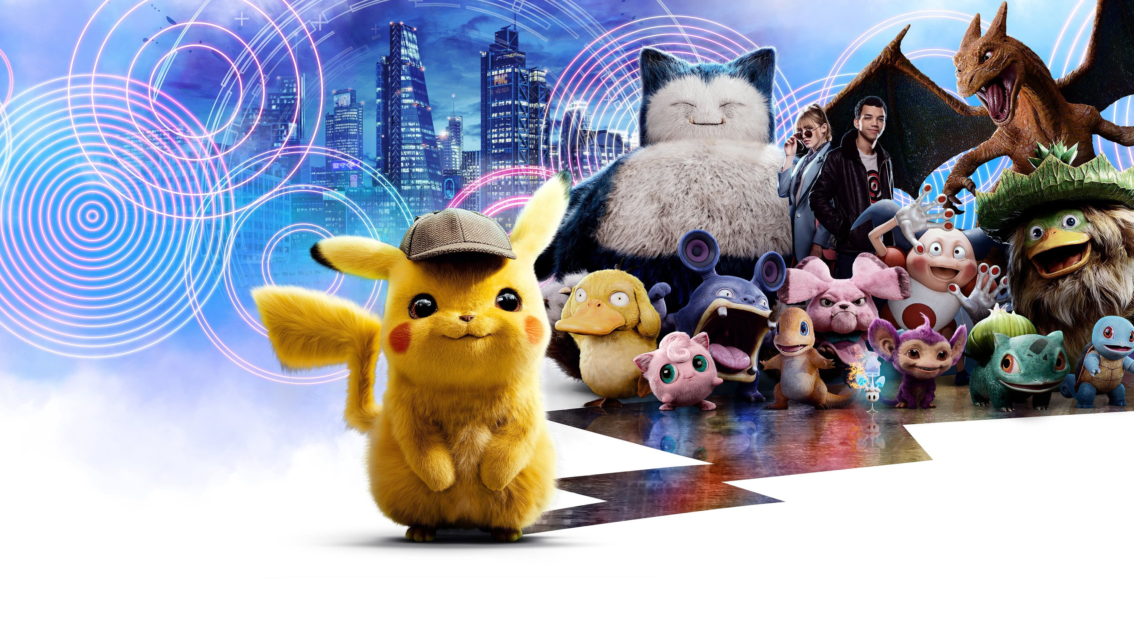 Detective Pikachu, Snorlax, Psyduck, Charizard, Ryme City skyline, 4K Desktop wallpaper