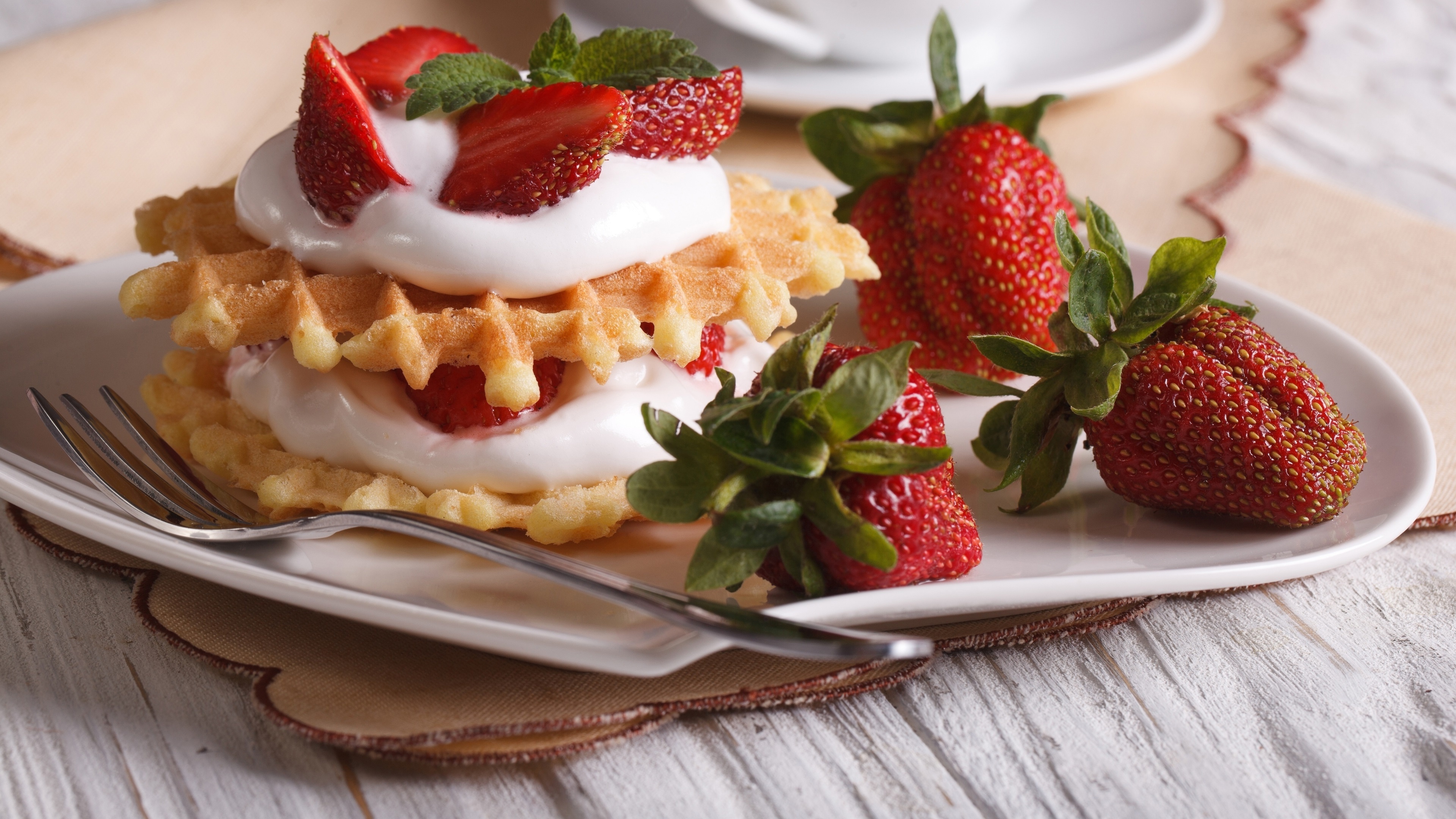 Waffle with strawberries, Delicious dessert, Elegant presentation, Tempting treat, 3840x2160 4K Desktop