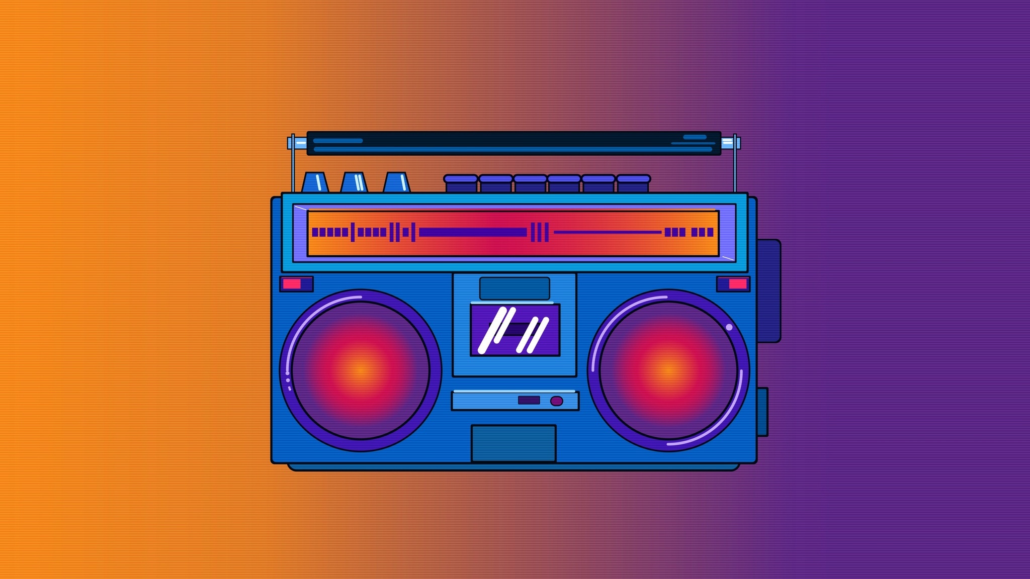 Vintage retro boombox illustration, Glowing red speaker cones, Orange purple gradient backdrop, HD Desktop wallpaper