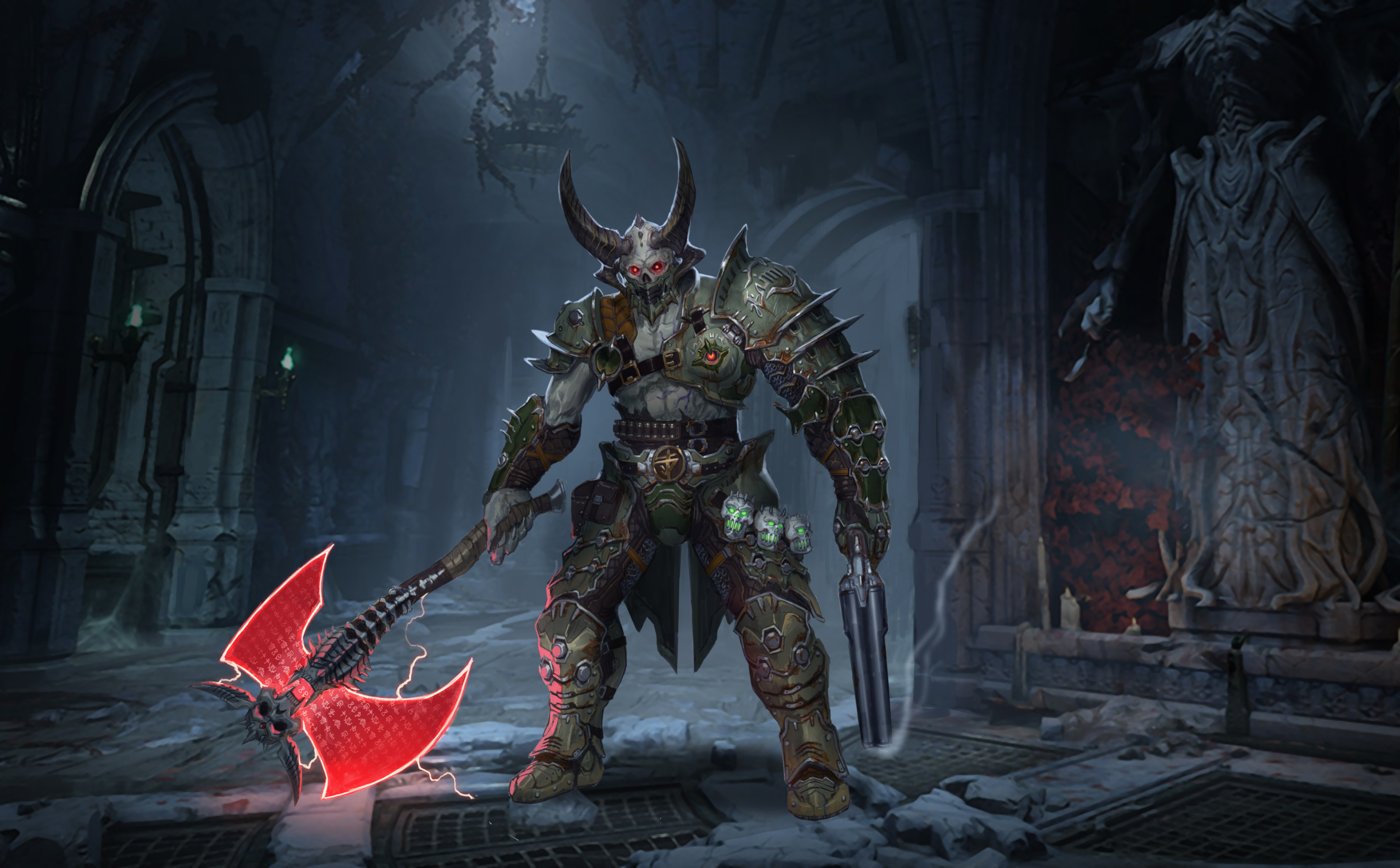 Marauder, Glowing Argent battleaxe, Doom Eternal, HD Desktop wallpaper