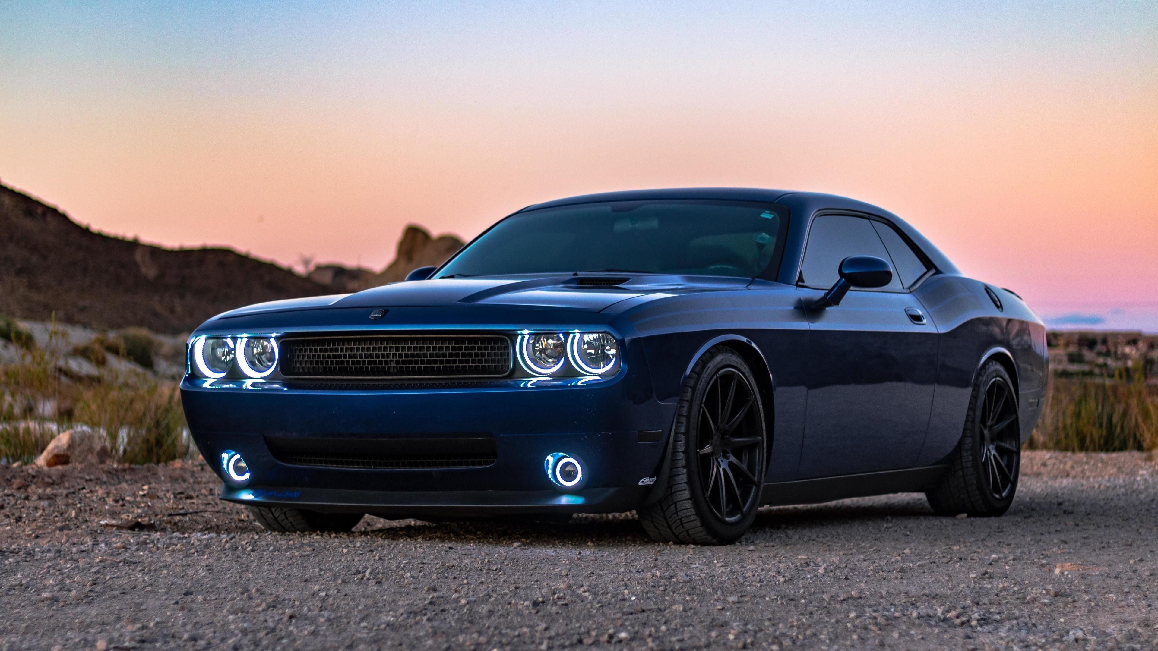 Dodge Challenger, illuminated halo headlights, desert dusk landscape, 4K Desktop wallpaper