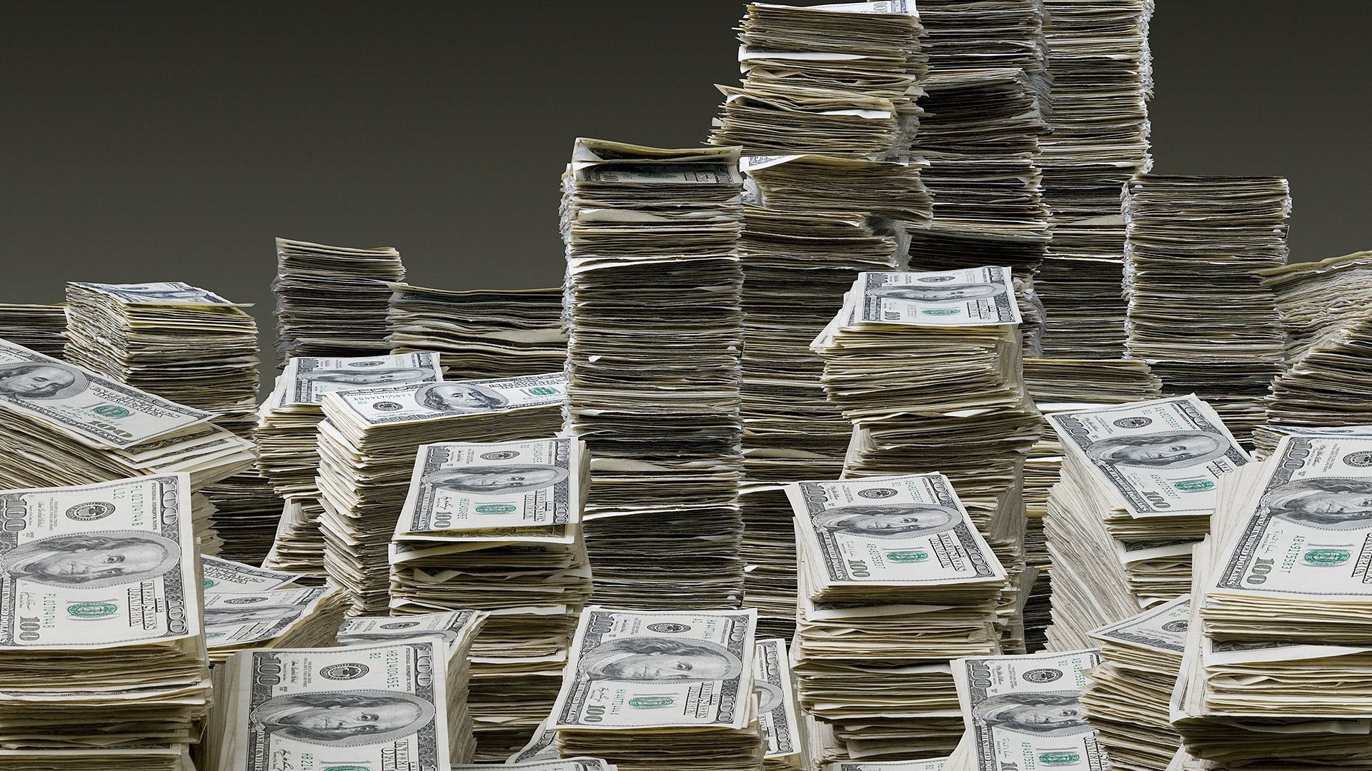 United States hundred-dollar bills, Benjamin Franklin portrait, Towering cash stacks, Full HD Desktop wallpaper