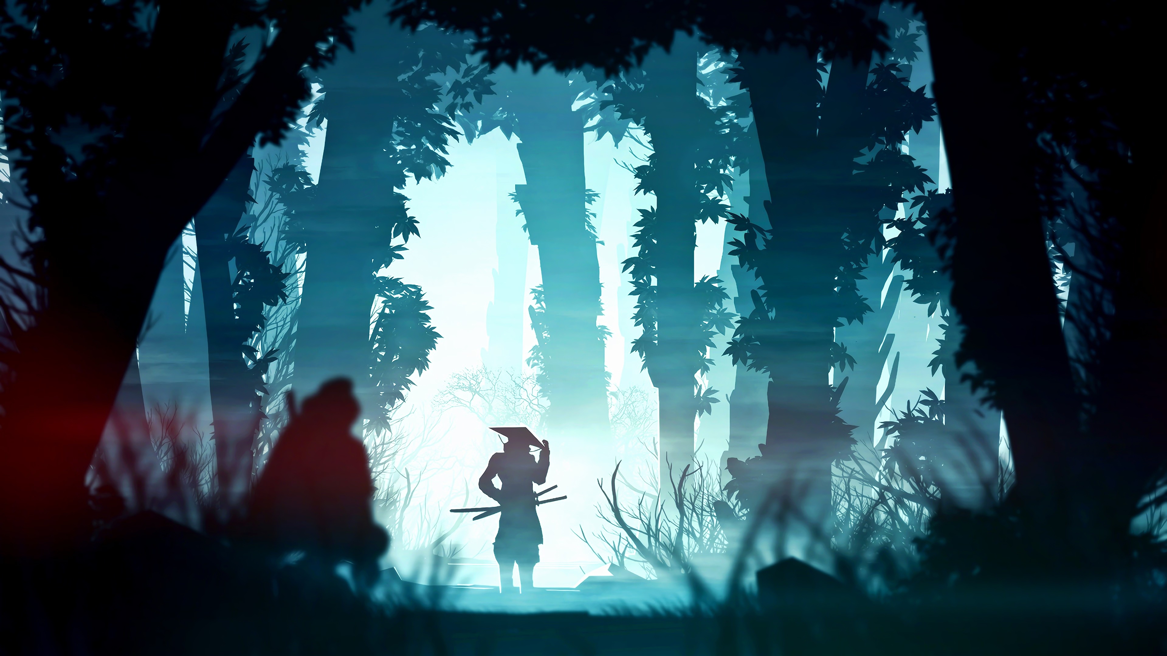 samurai silhouette with kasa, crouching observer silhouette, misty blue forest, 4K Desktop wallpaper