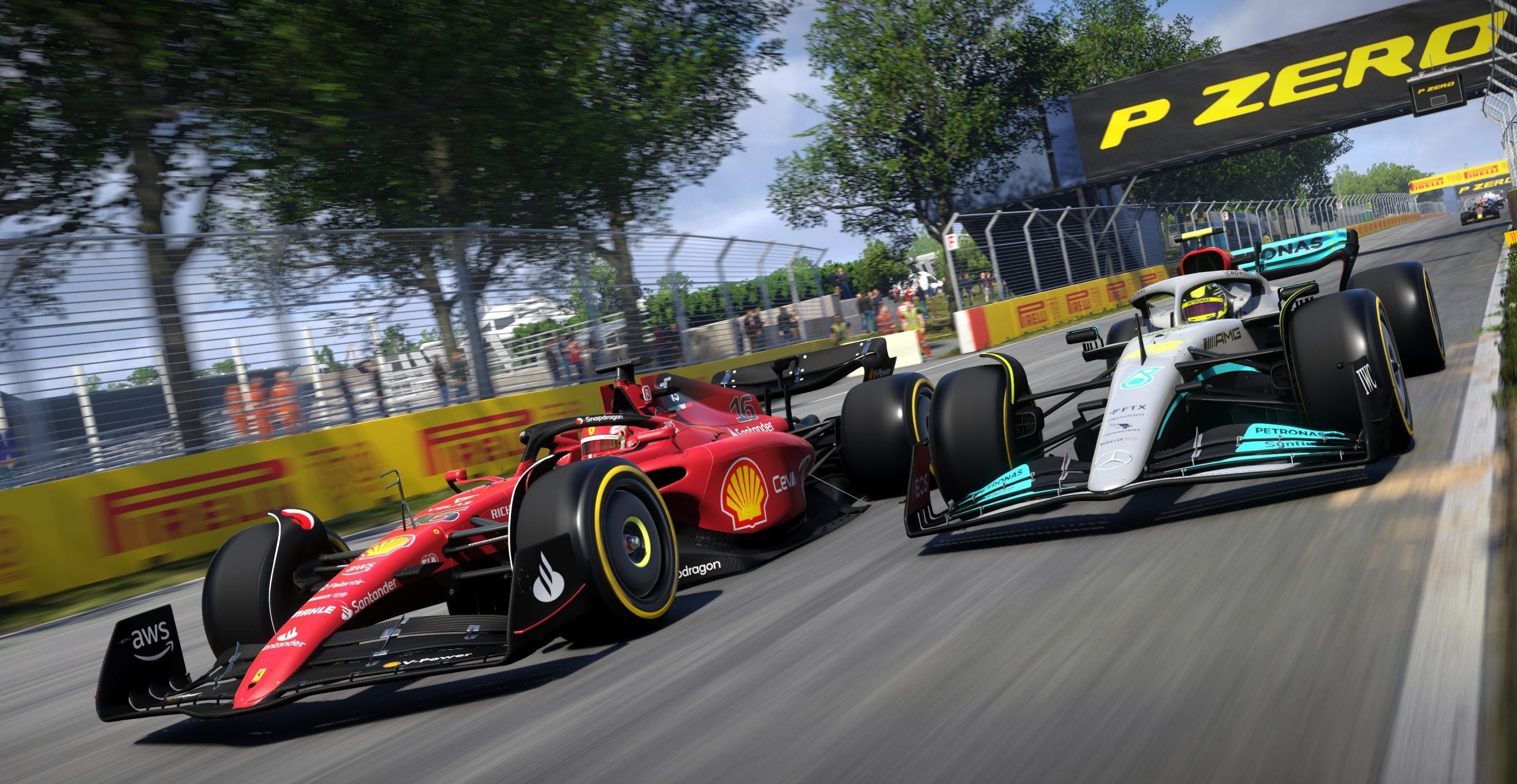 Ferrari F1-75, Mercedes-AMG F1 W13, Pirelli P Zero gantry, HD Desktop wallpaper