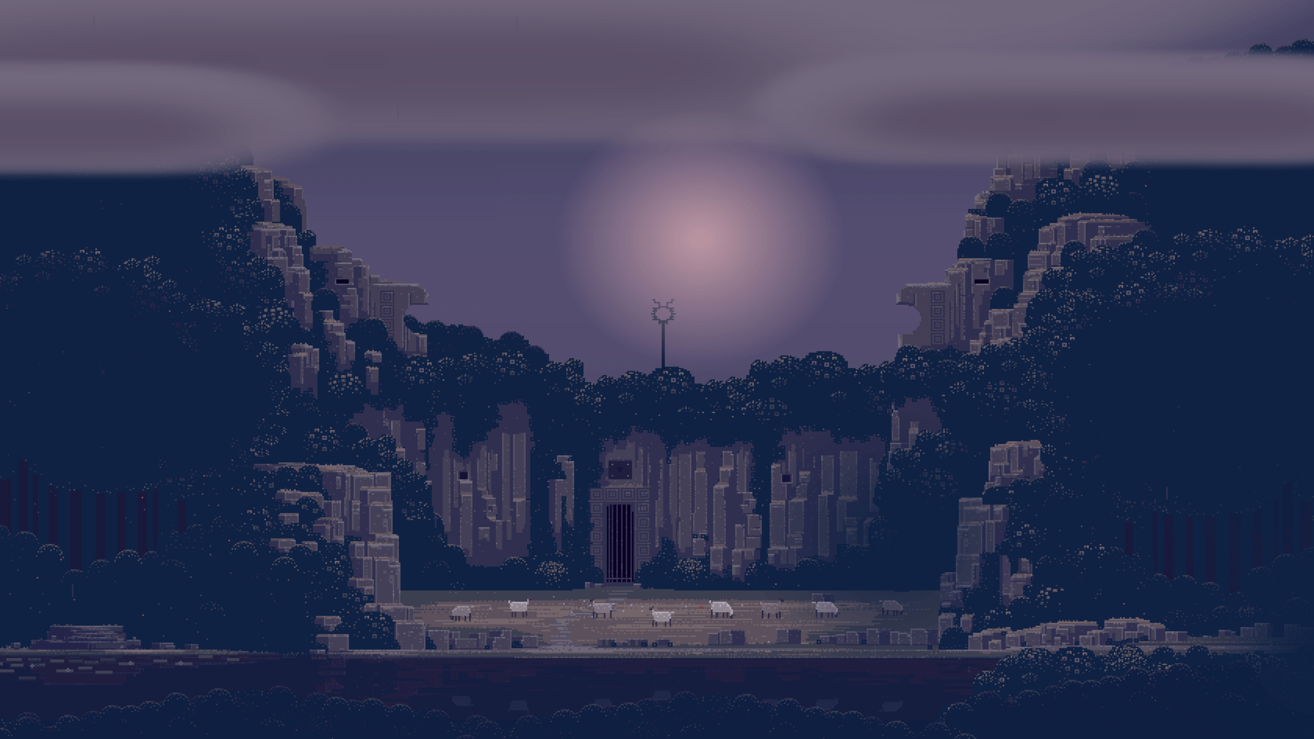 Superbrothers: Sword & Sworcery EP, ancient stone cliff sanctuary, grazing pixel sheep, HD Desktop wallpaper