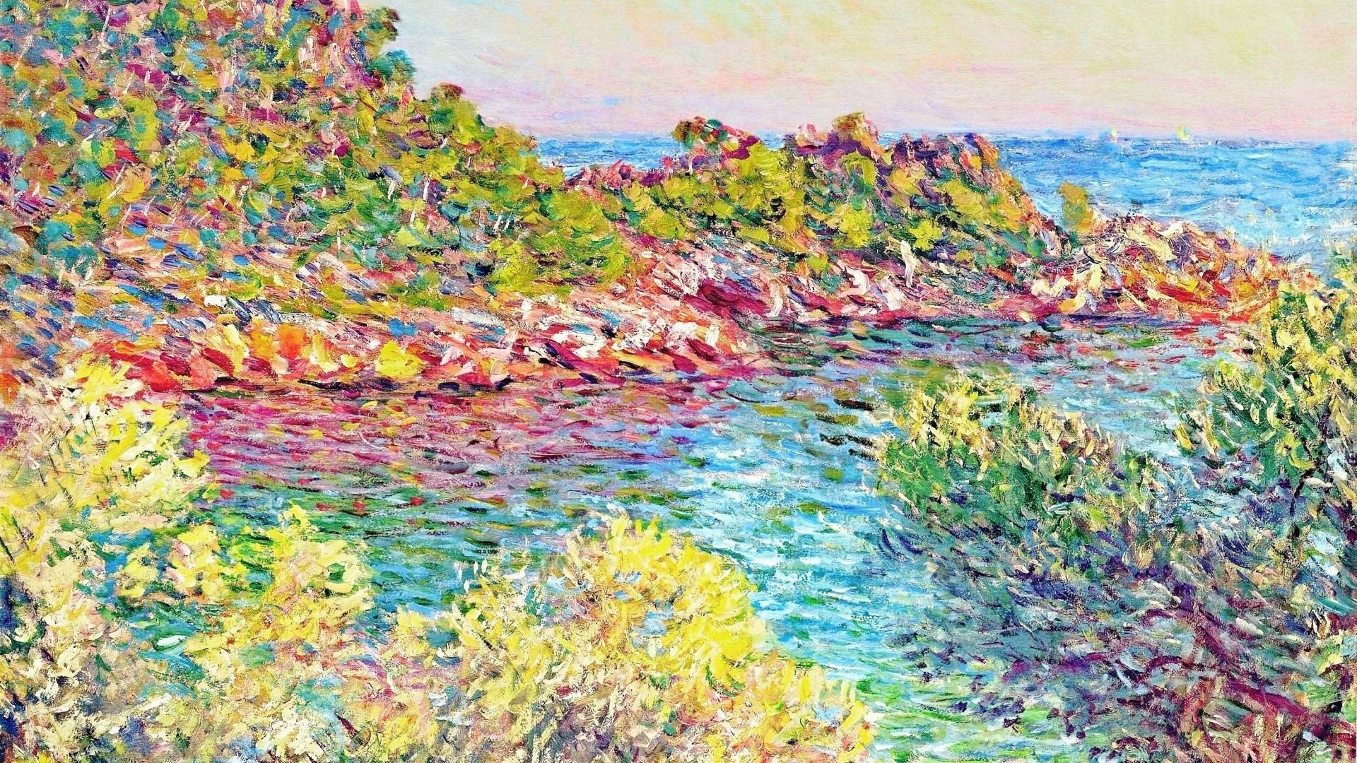Claude Monet painting, Mediterranean rocky cove, impressionist coastal seascape, Full HD Desktop wallpaper