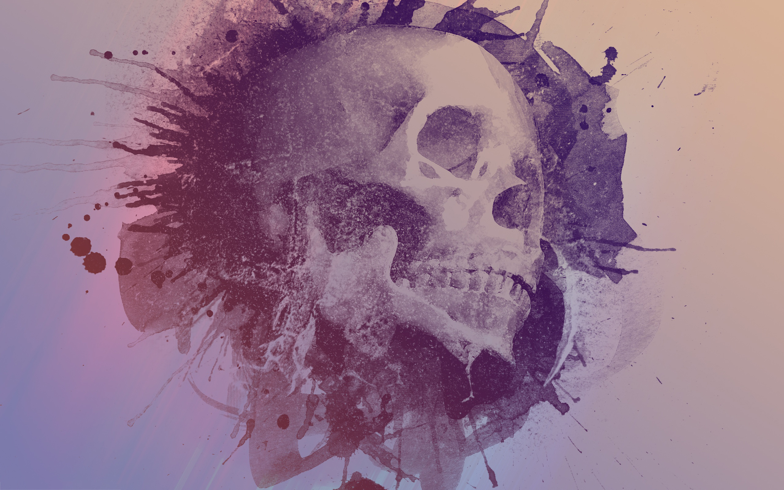 Ink splatter skull silhouette, Paint drip spray strokes, Lilac and peach gradient, HD Desktop wallpaper