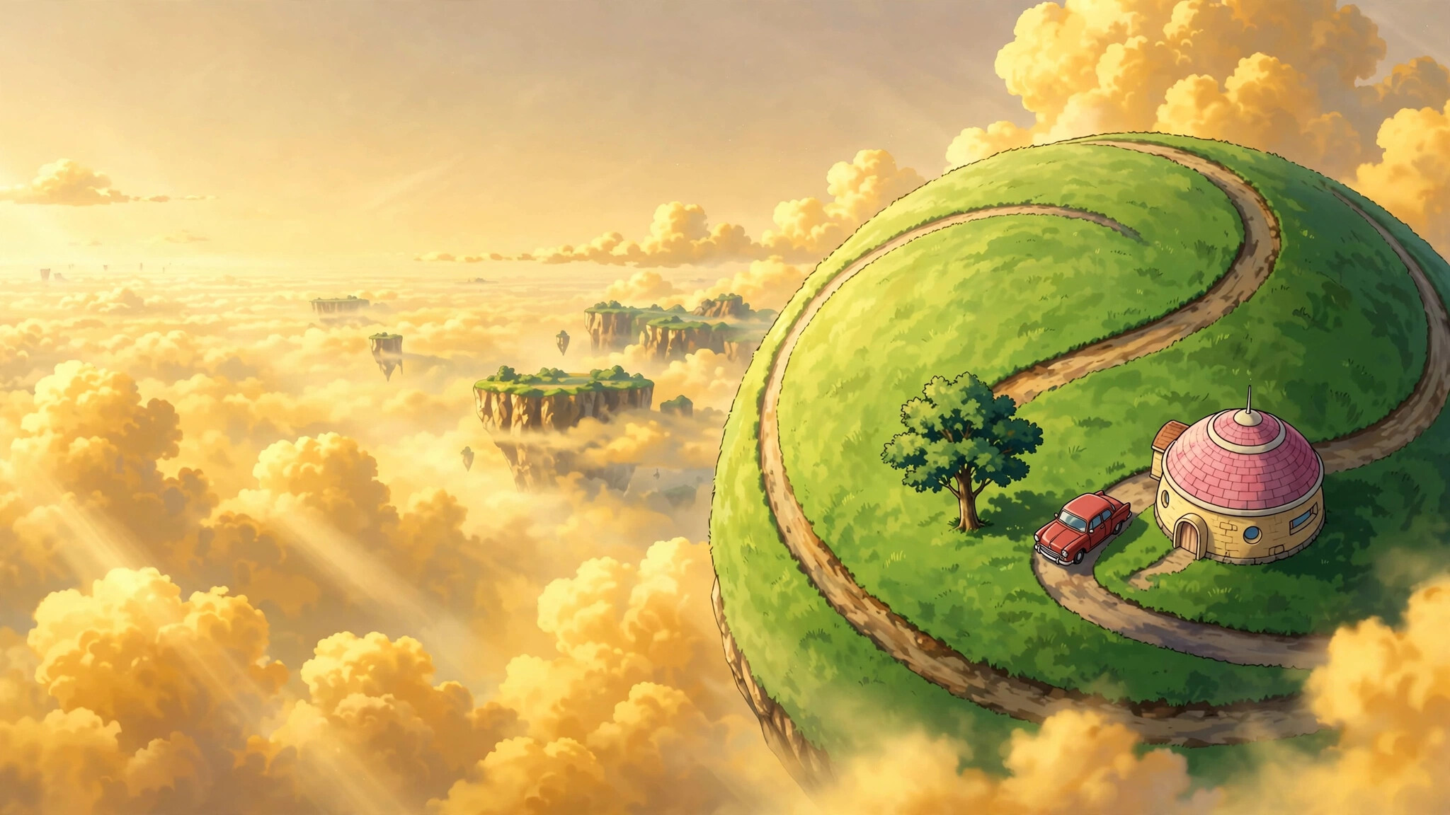 King Kai's Planet, Winding road, Round house and red car, Floating islands, Golden cloudscape, Dragon Ball Z, HD Desktop wallpaper