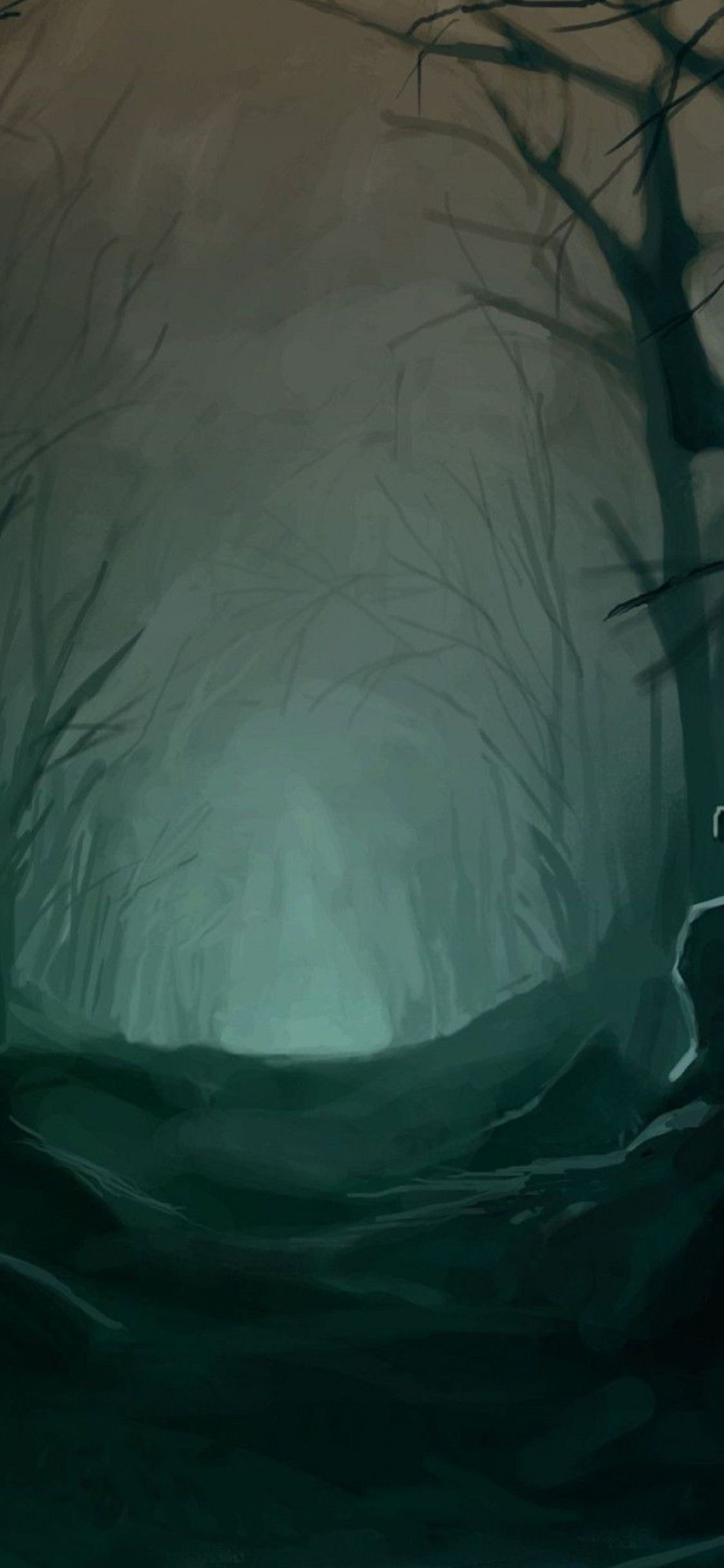 faint face in mist, twisted leafless tree branches, gloomy teal forest path, HD Phone wallpaper