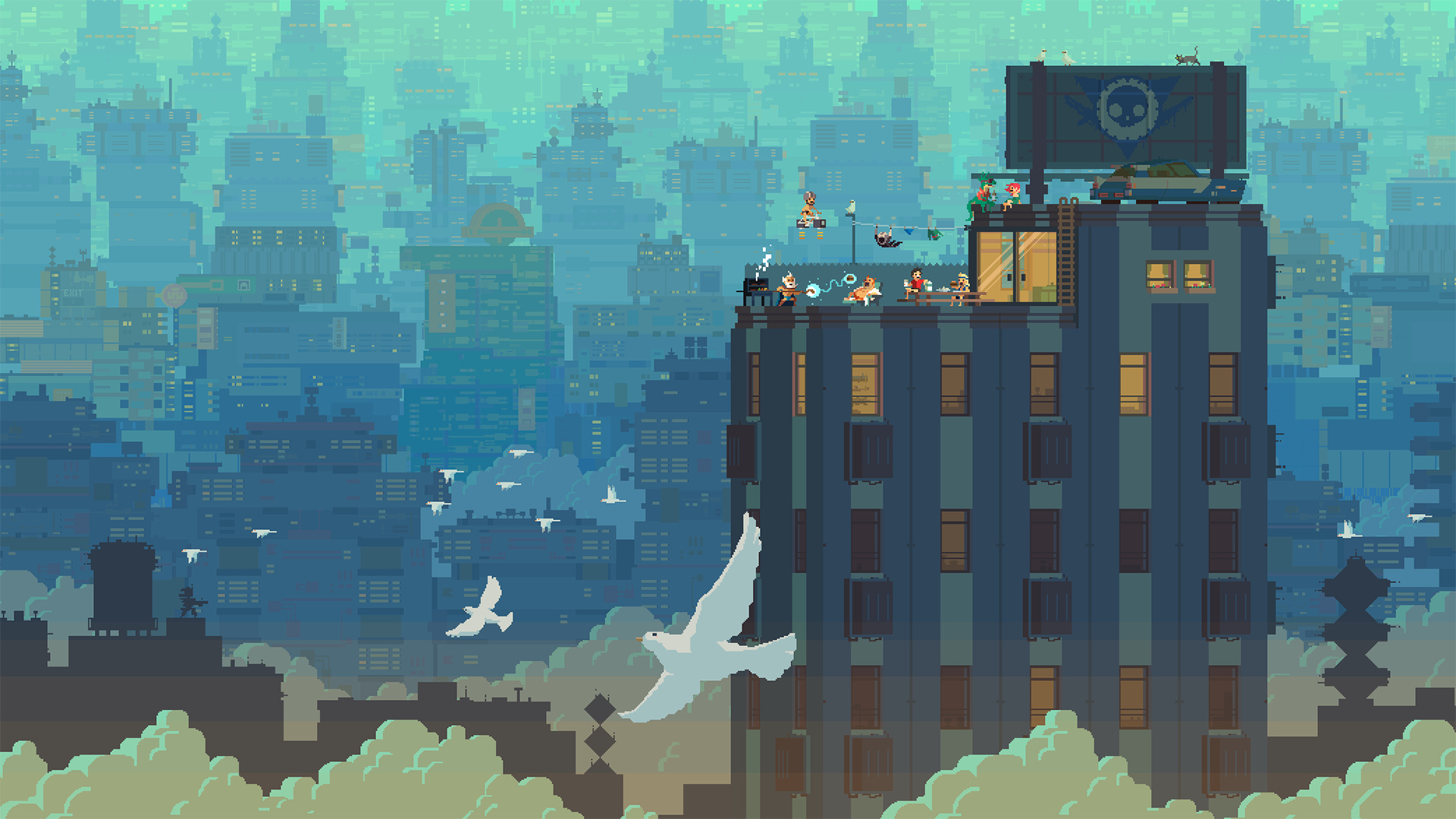 pixel art rooftop party, flying white dove, futuristic pixel cityscape, Full HD Desktop wallpaper