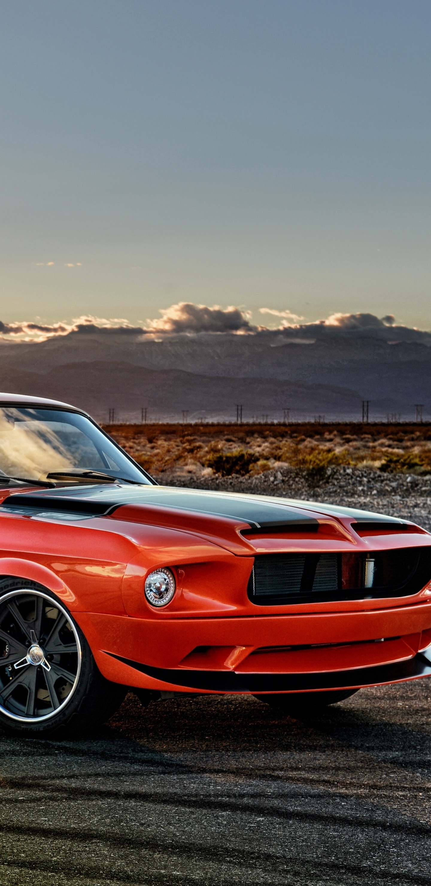 1968 Ford Mustang restomod, desert mountain landscape, custom orange muscle car, HD Phone wallpaper