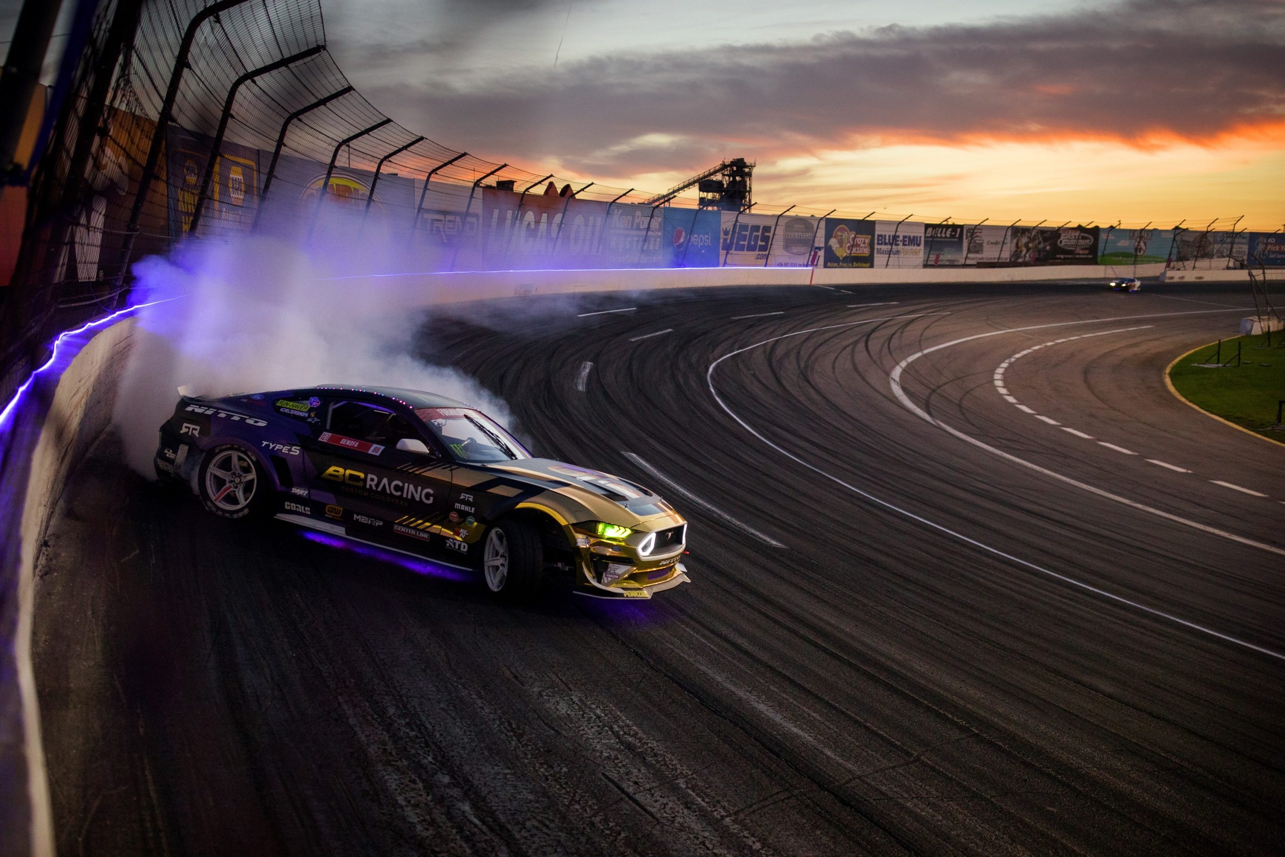 Ford Mustang RTR drift car, BC RACING livery, Banked oval drift track, HD Desktop wallpaper