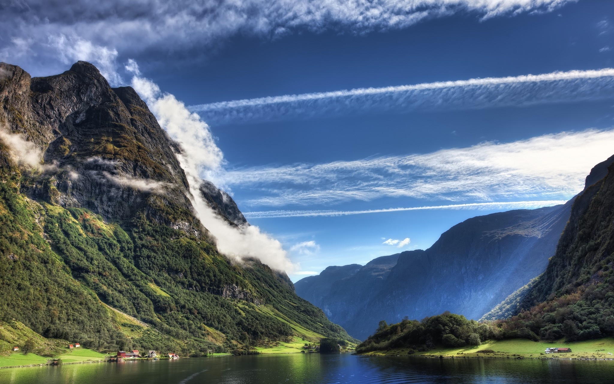 Naeroyfjord Norway, steep green mountain cliffs, airplane contrails in sky, HD Desktop wallpaper