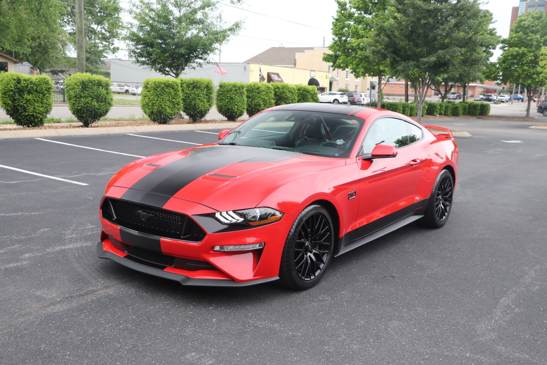 Ford Mustang GT Coupe, Matte black racing stripes, Asphalt parking lot, HD Desktop wallpaper