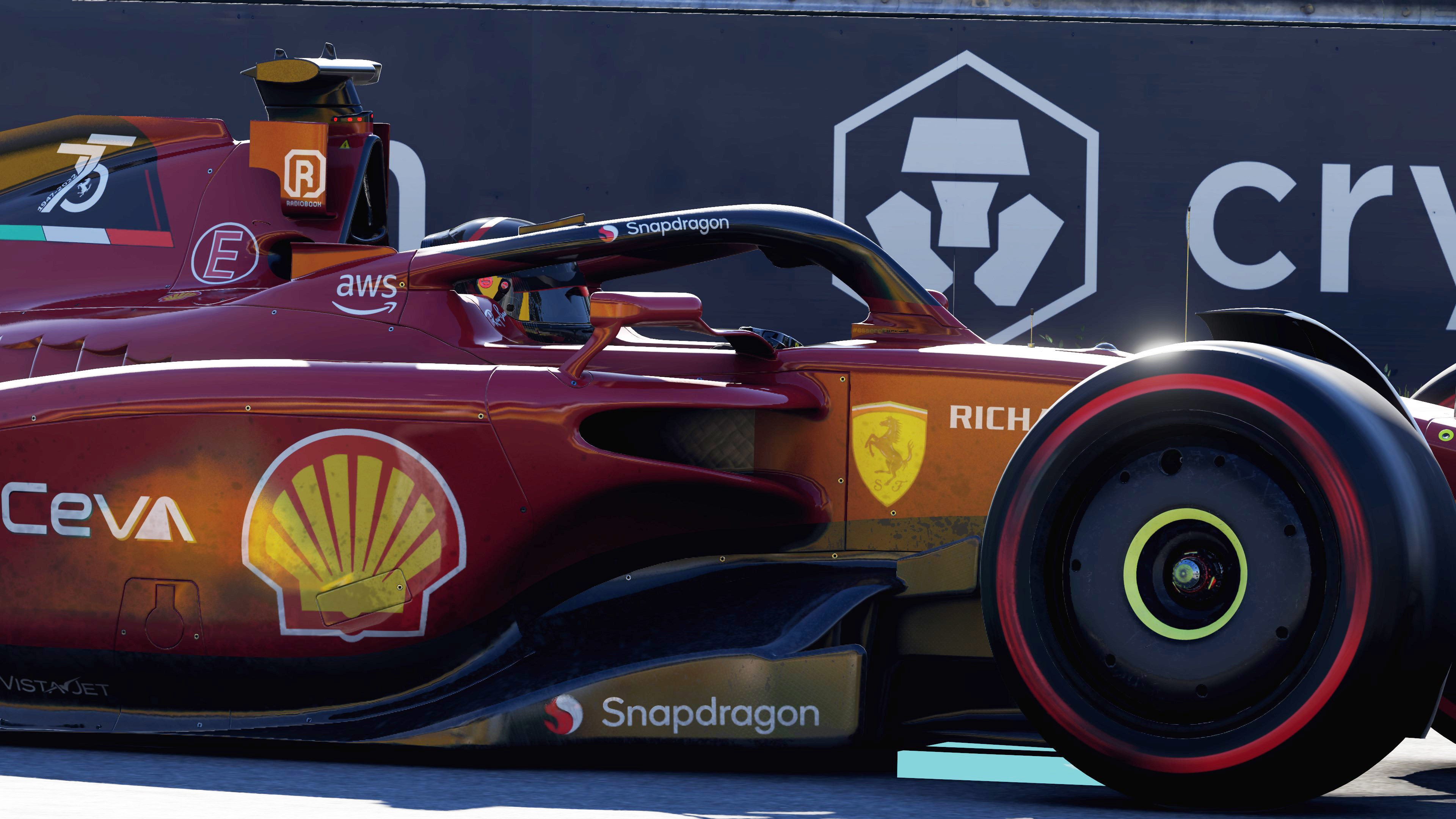 Ferrari F1-75 race car, Crypto.com trackside banner, Pirelli P Zero soft tyre, 4K Desktop wallpaper