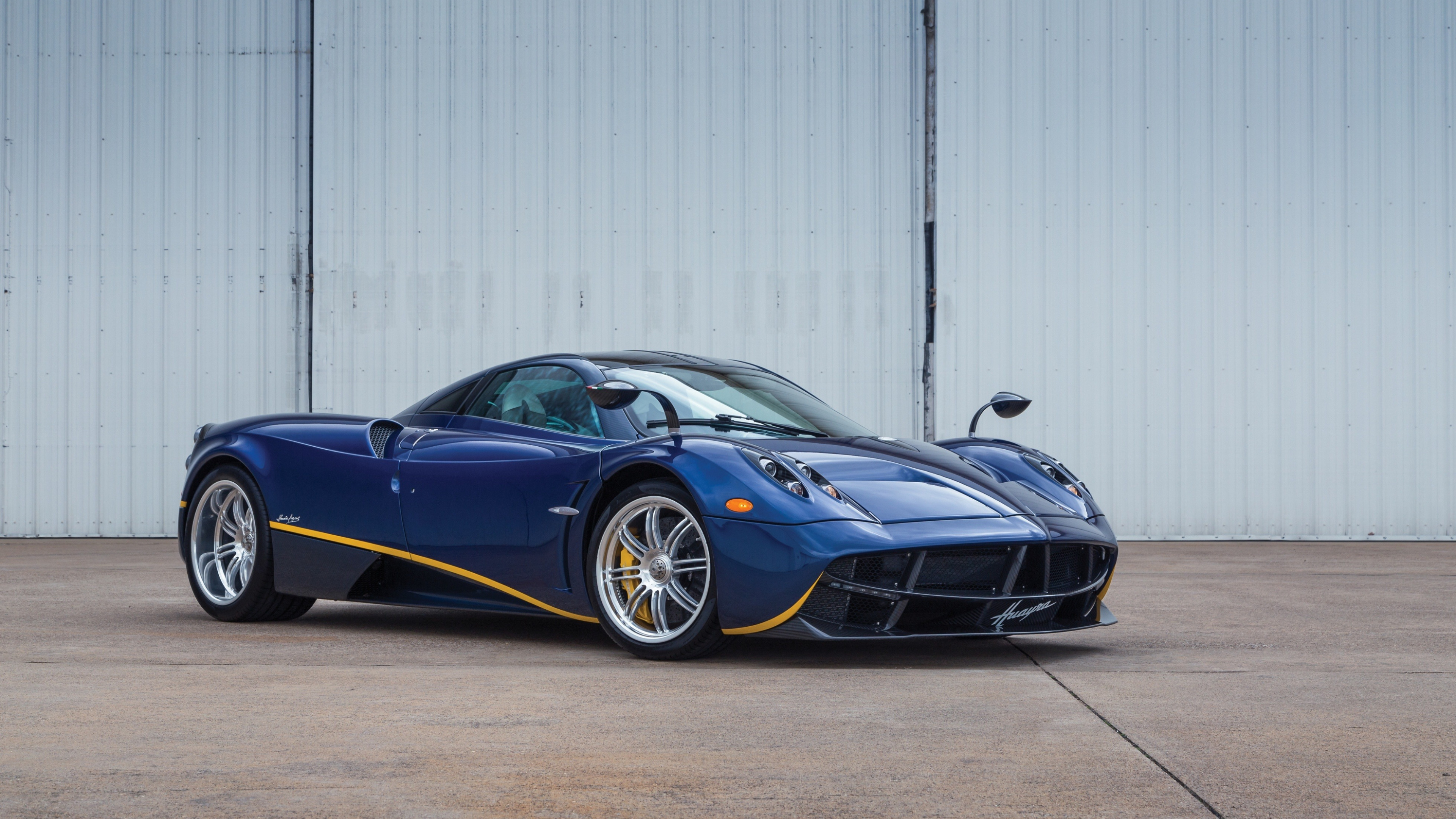 Pagani Huayra, Corrugated metal hangar wall, Concrete airfield tarmac, 4K Desktop wallpaper