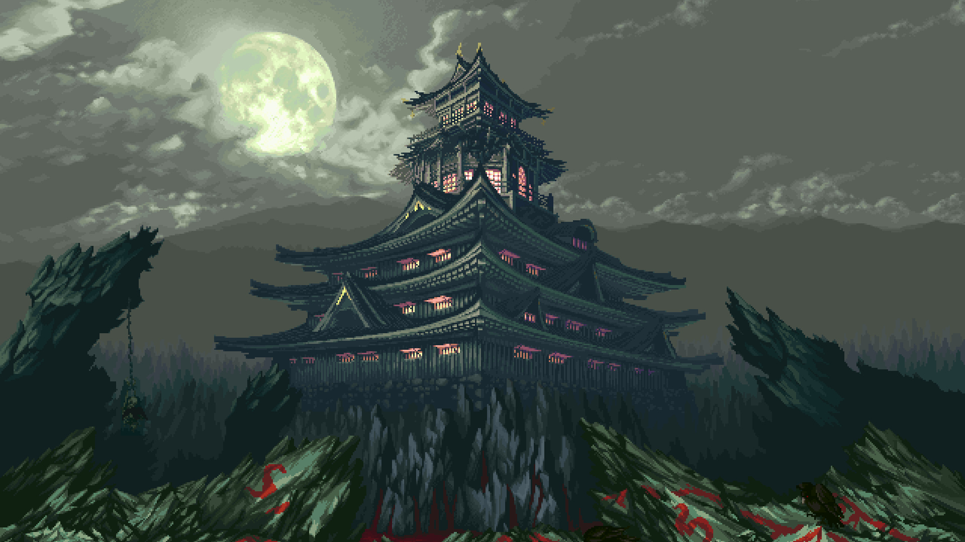 pixel Japanese castle keep, glowing full moon, jagged rocky crags, Full HD Desktop wallpaper
