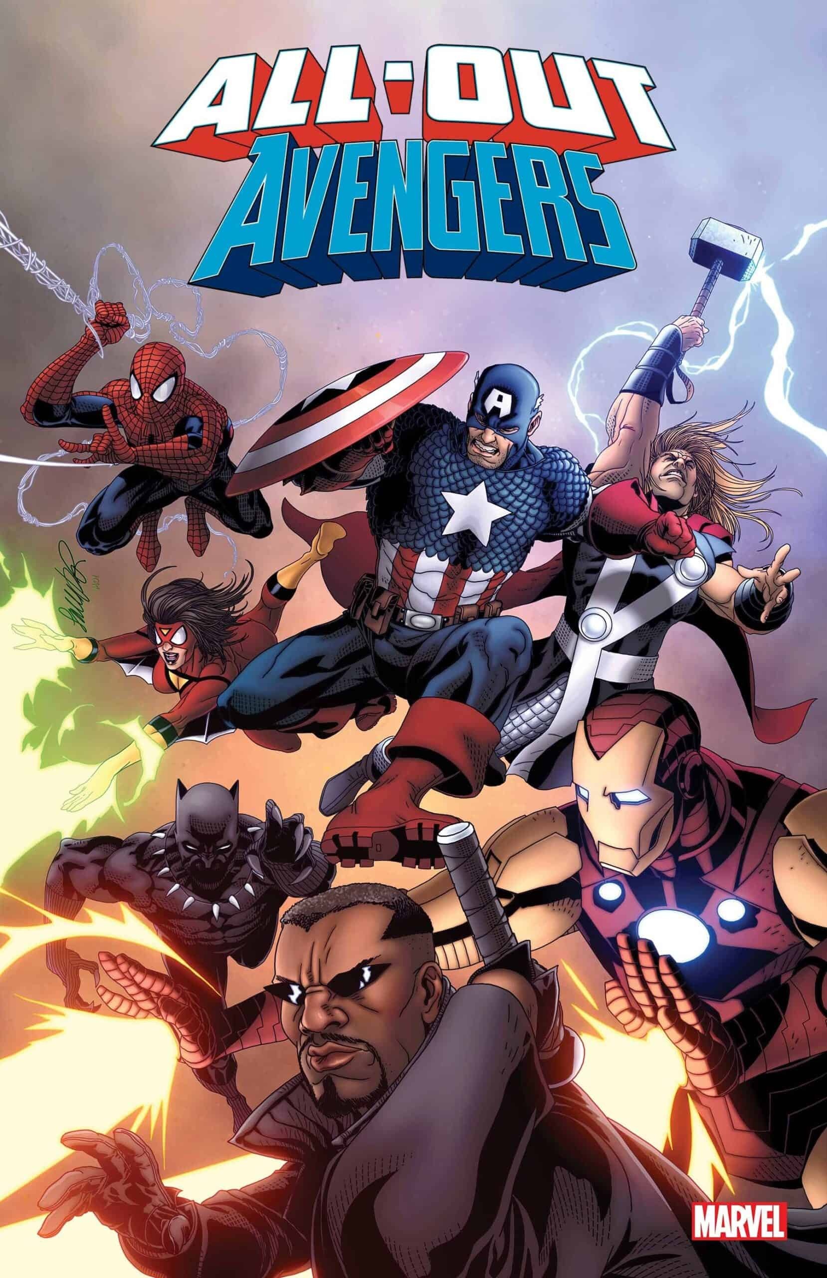 All-Out Avengers comic cover, Captain America, Iron Man and Thor, Spider-Man and Spider-Woman, Blade and Black Panther, HD Phone wallpaper